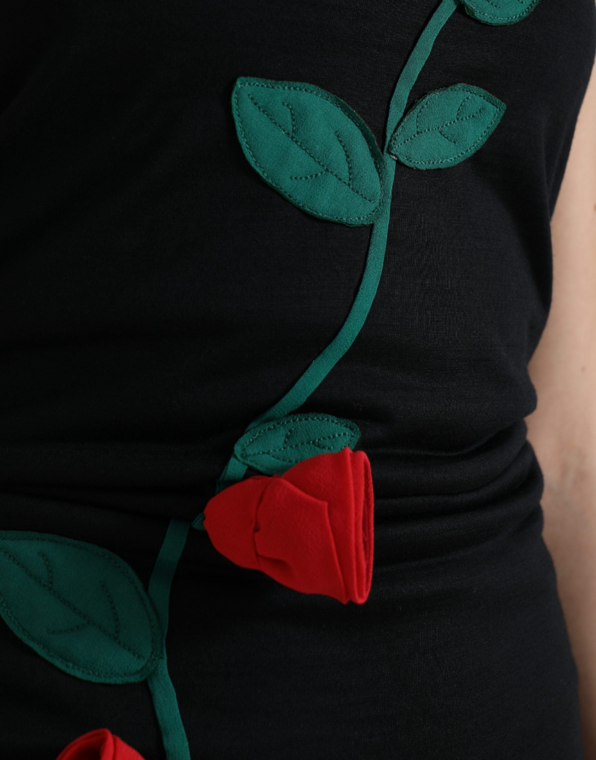 Dolce & Gabbana Black Wool Sleeveless Rose Applique Dress