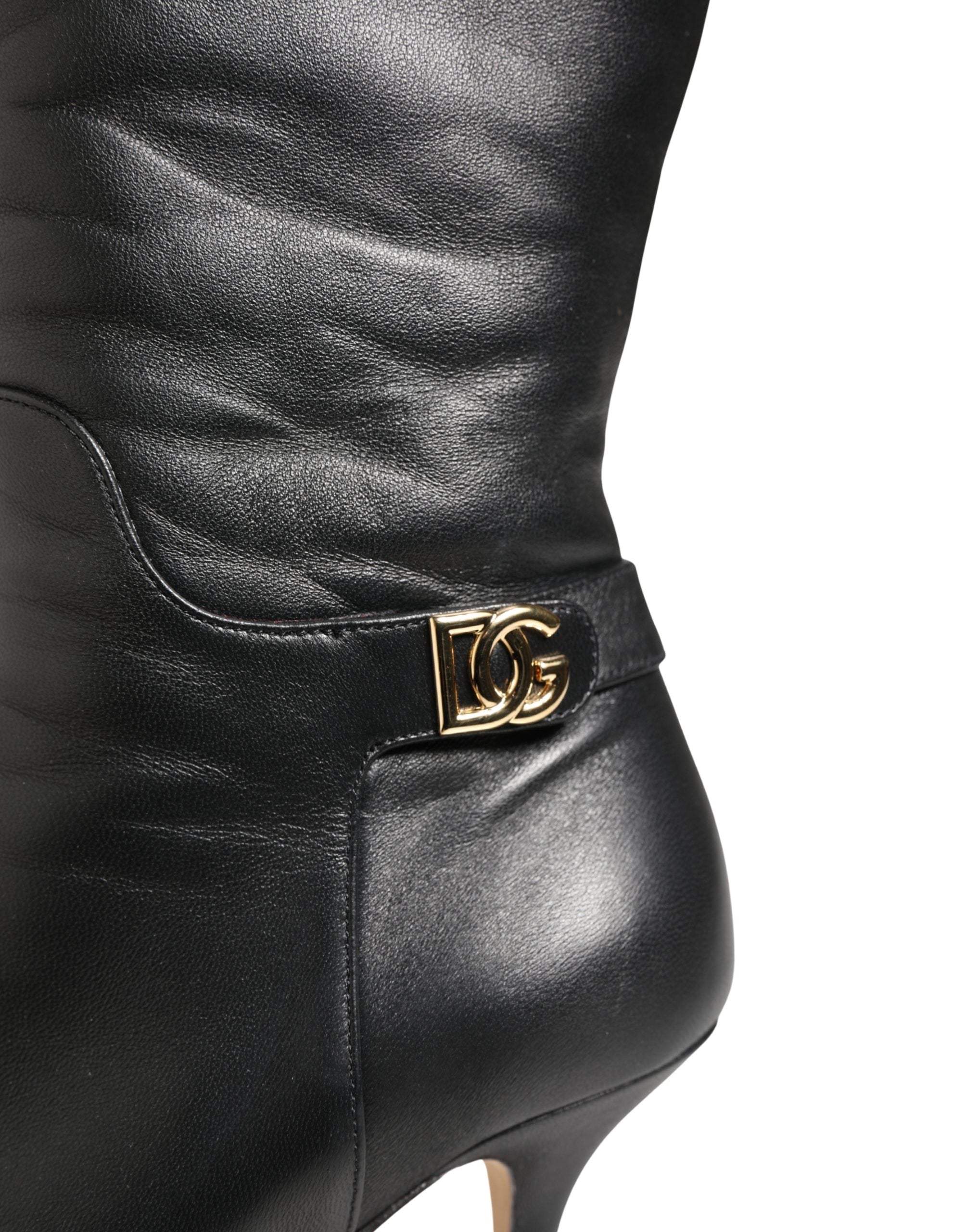 Dolce & Gabbana Black Leather Heels Knee High Boots Shoes