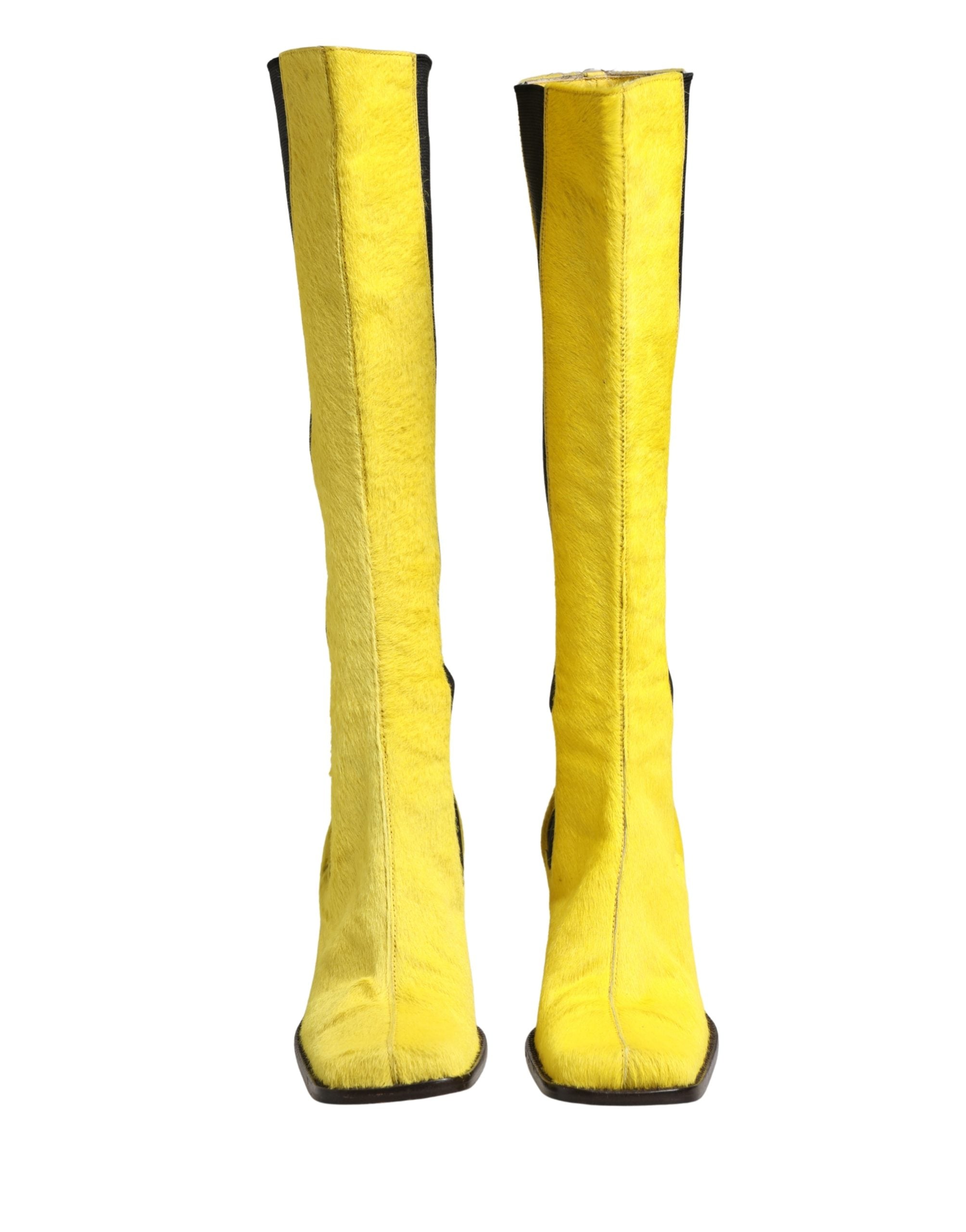 Dolce & Gabbana Yellow Black Leather Knee High Boots Shoes