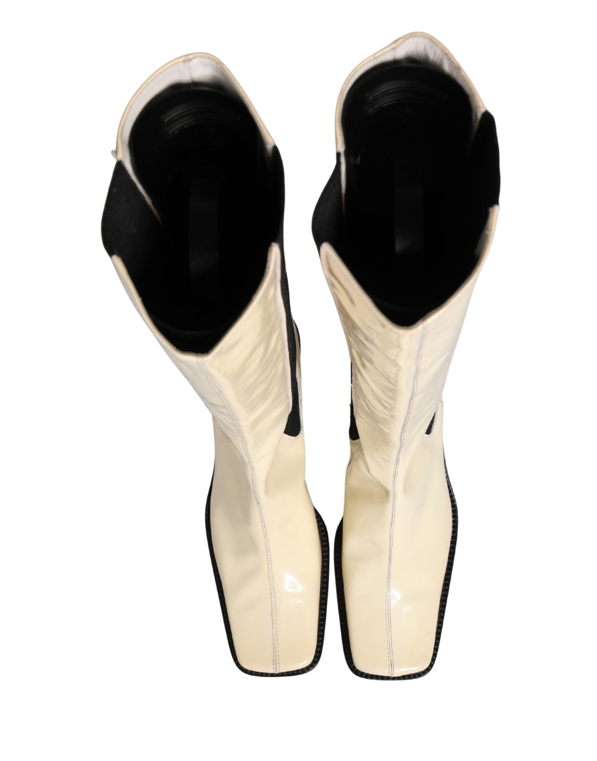 Dolce & Gabbana White Black Leather Knee High Boots Shoes