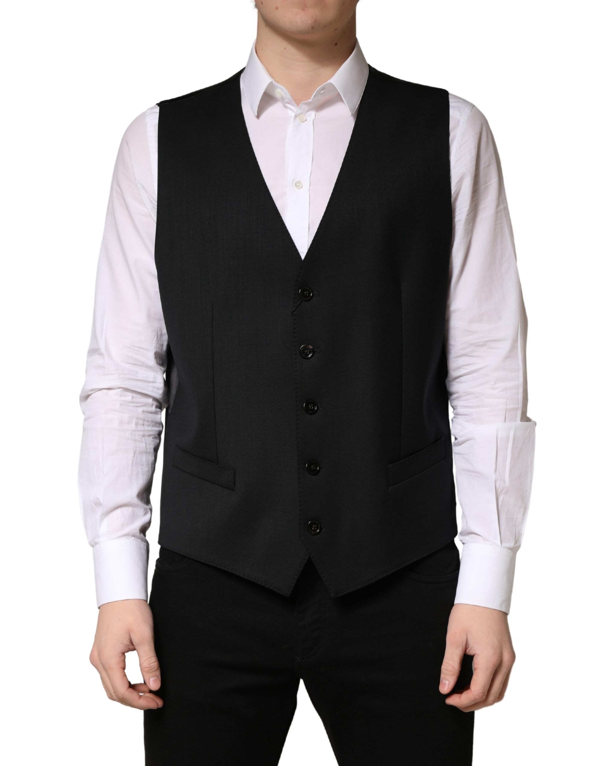 Dolce & Gabbana Black Wool Single Breasted Men Waistcoat Vest