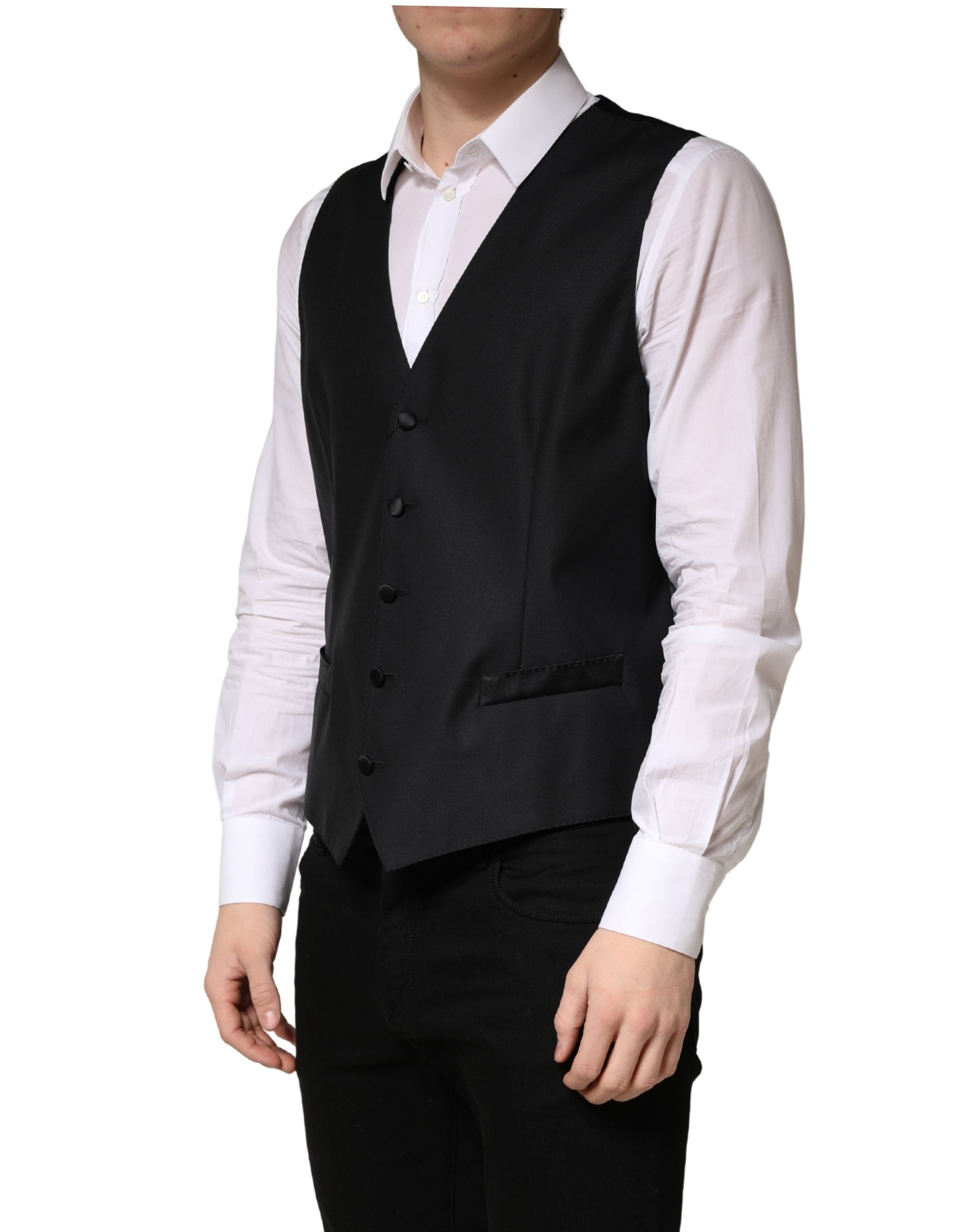 Dolce & Gabbana Black Wool Single Breasted Men Waistcoat Vest