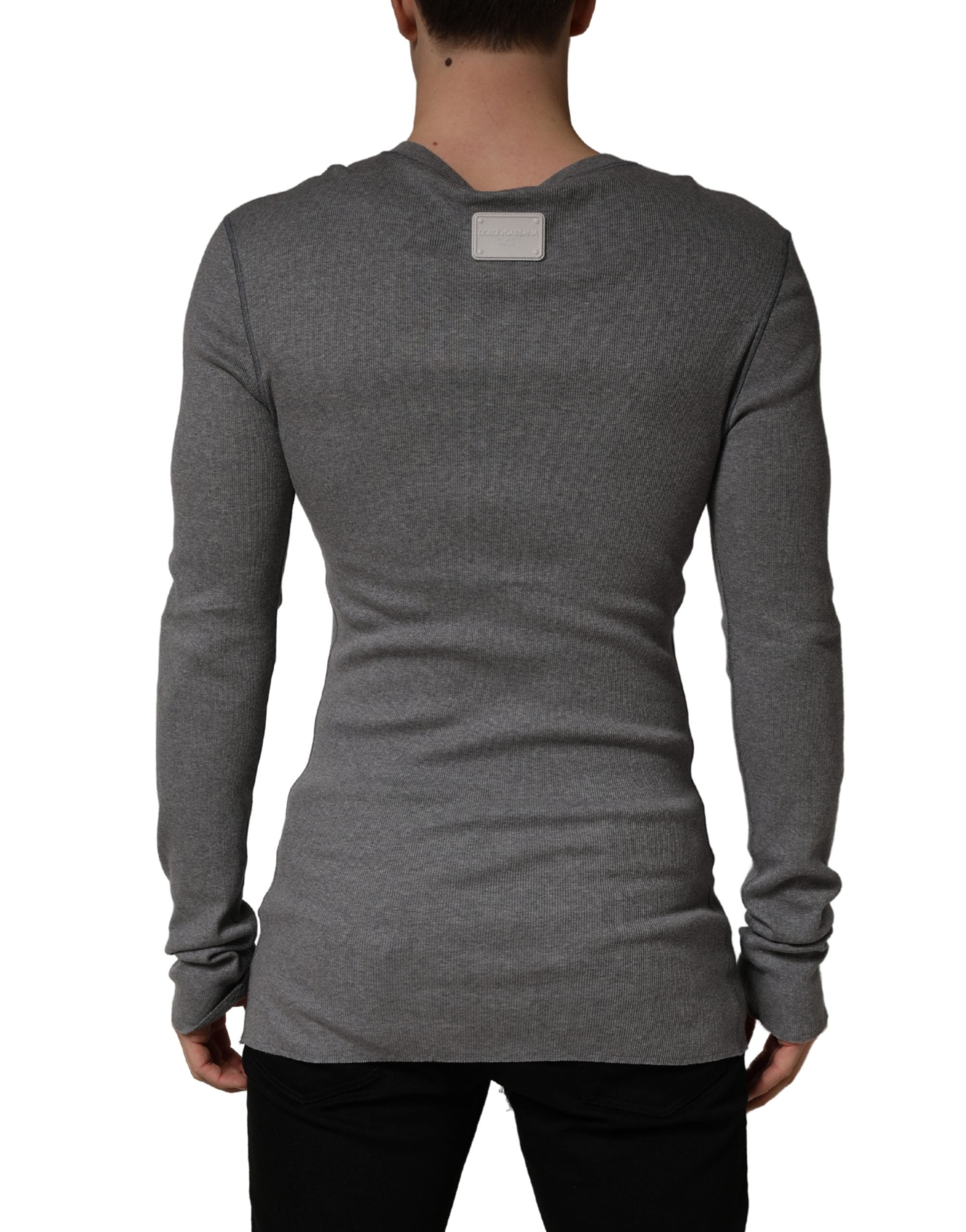 Dolce & Gabbana Gray Ribbed Cotton Long-Sleeve Henley  T-shirt