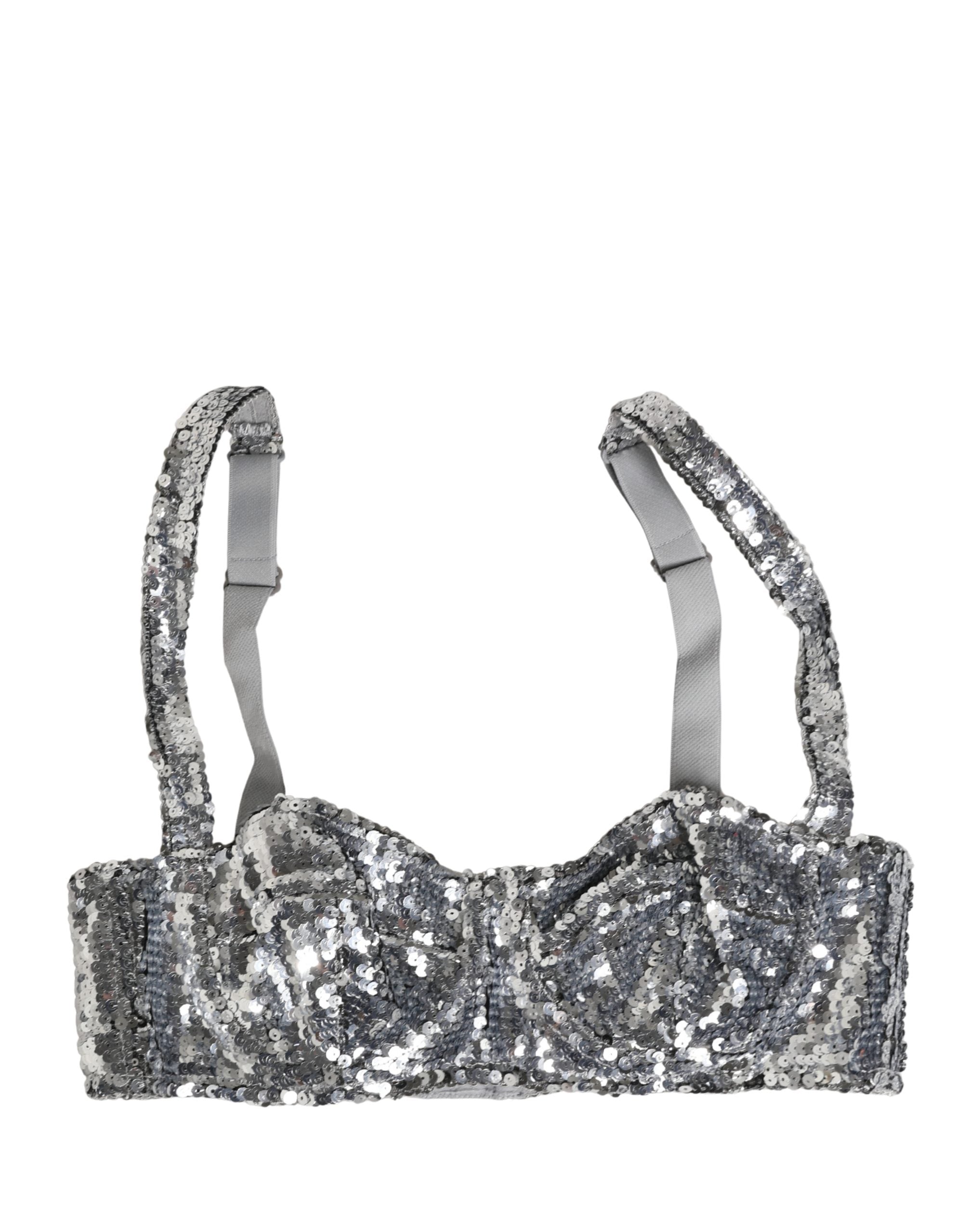 Dolce & Gabbana Silver Sequined Nyon Balconnet Bra Underwear