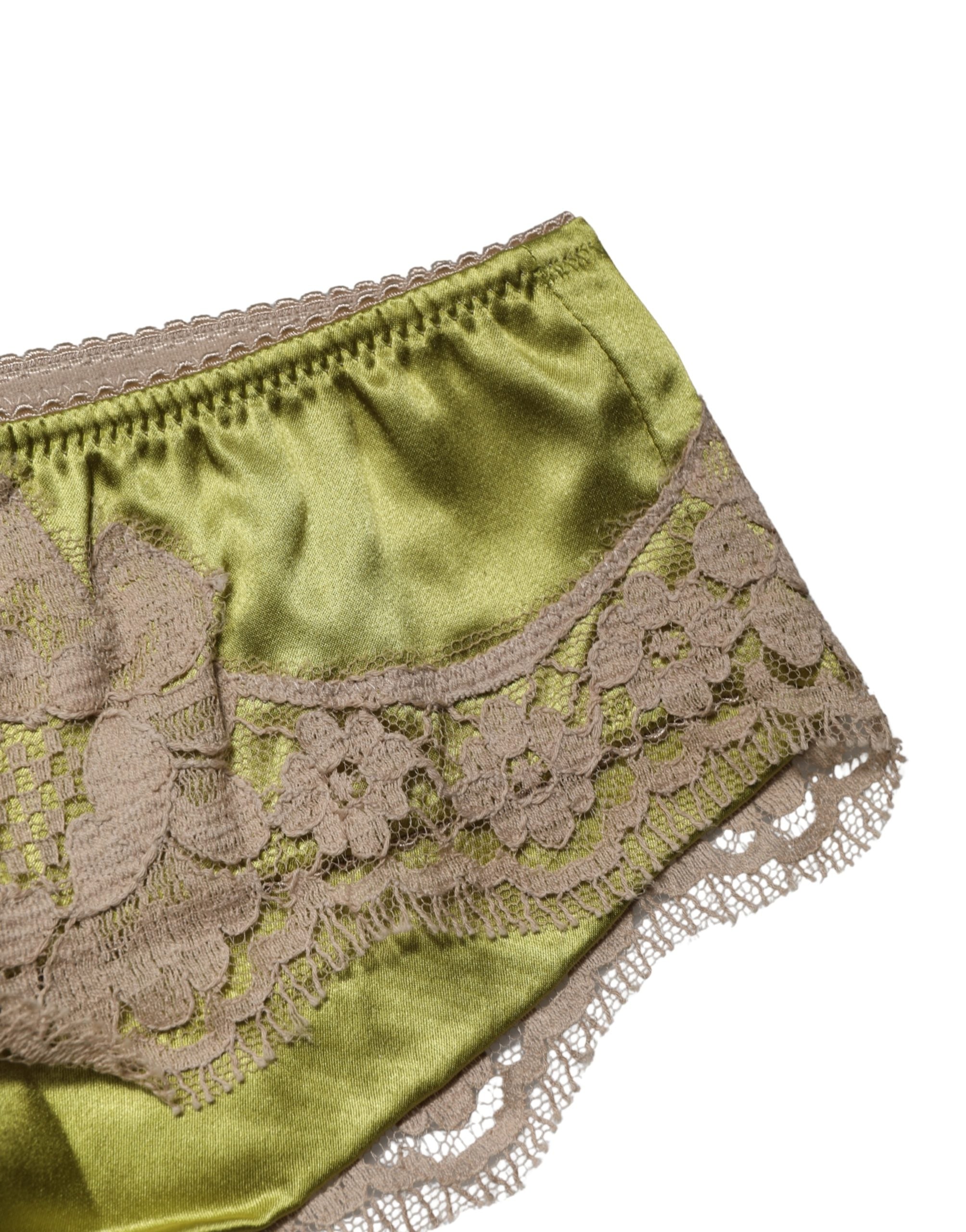 Dolce & Gabbana Underwear Green Silk Satin Floral Lace Panty Brief