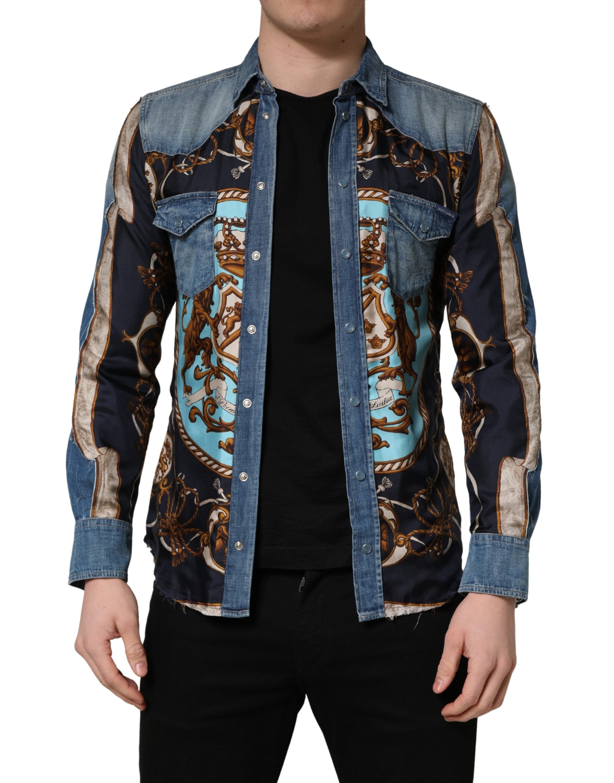 Dolce & Gabbana Blue Baroque Cotton Button Down Denim Shirt