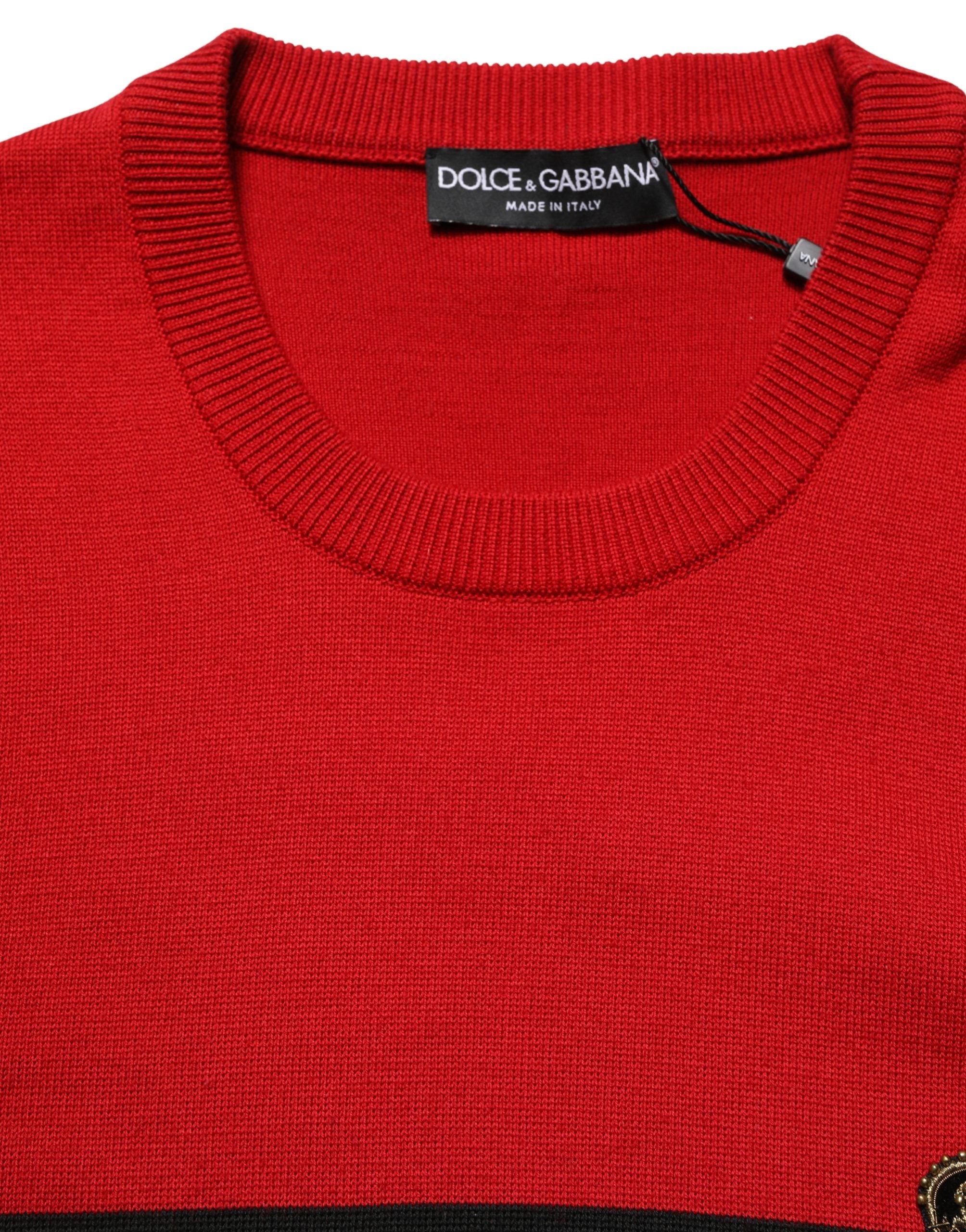 Dolce & Gabbana Red Wool DG Crest Crew Neck Pullover Sweater