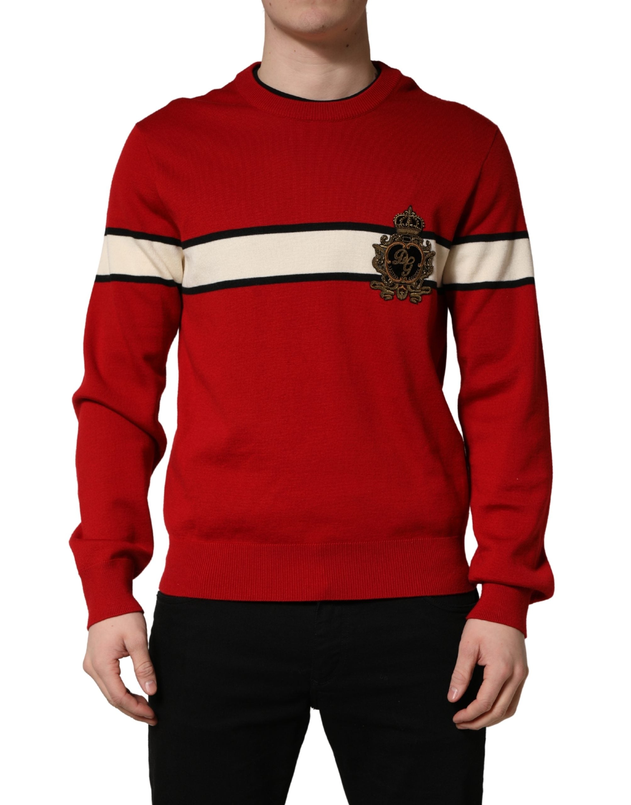 Dolce & Gabbana Red Wool DG Crest Crew Neck Pullover Sweater