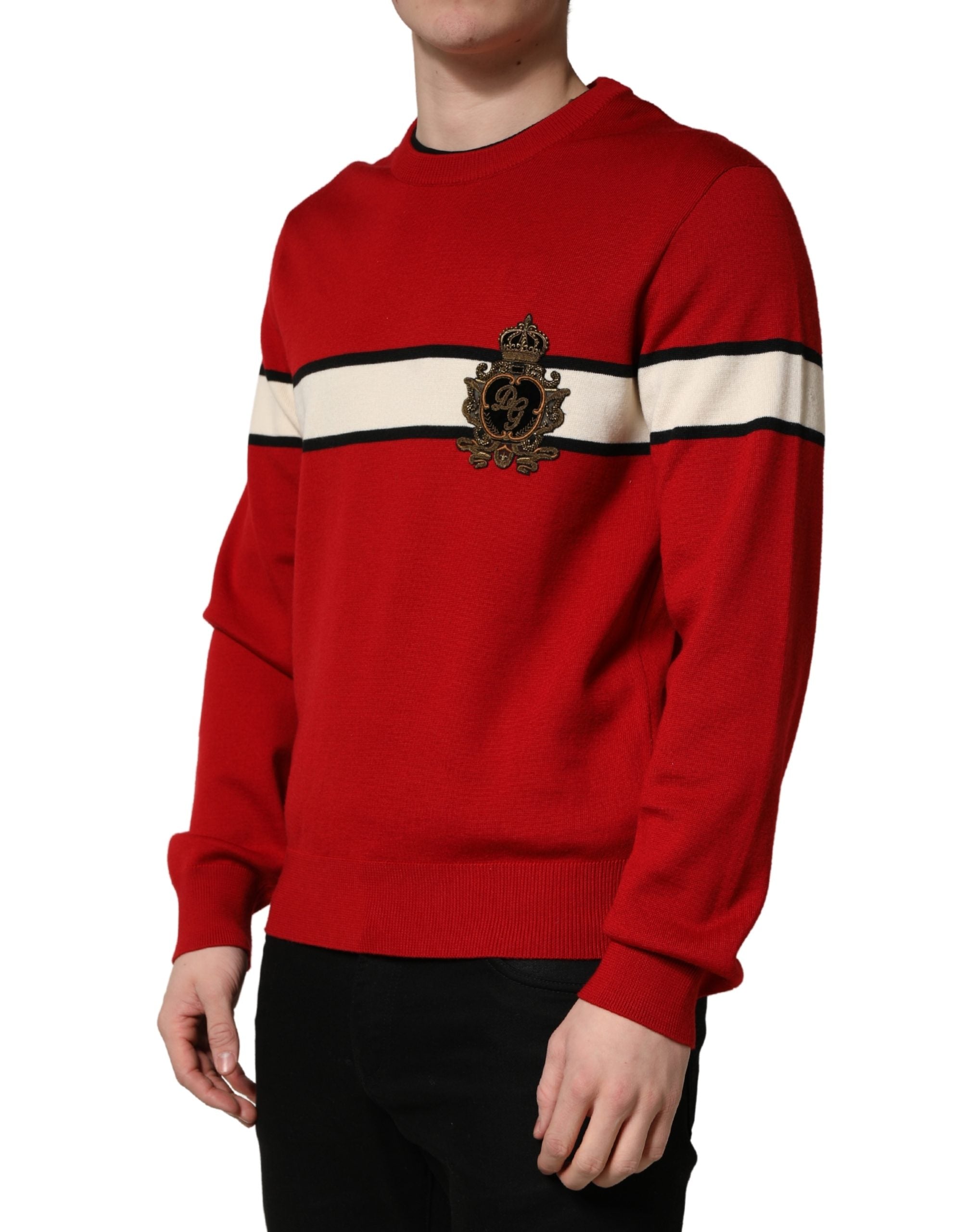 Dolce & Gabbana Red Wool DG Crest Crew Neck Pullover Sweater
