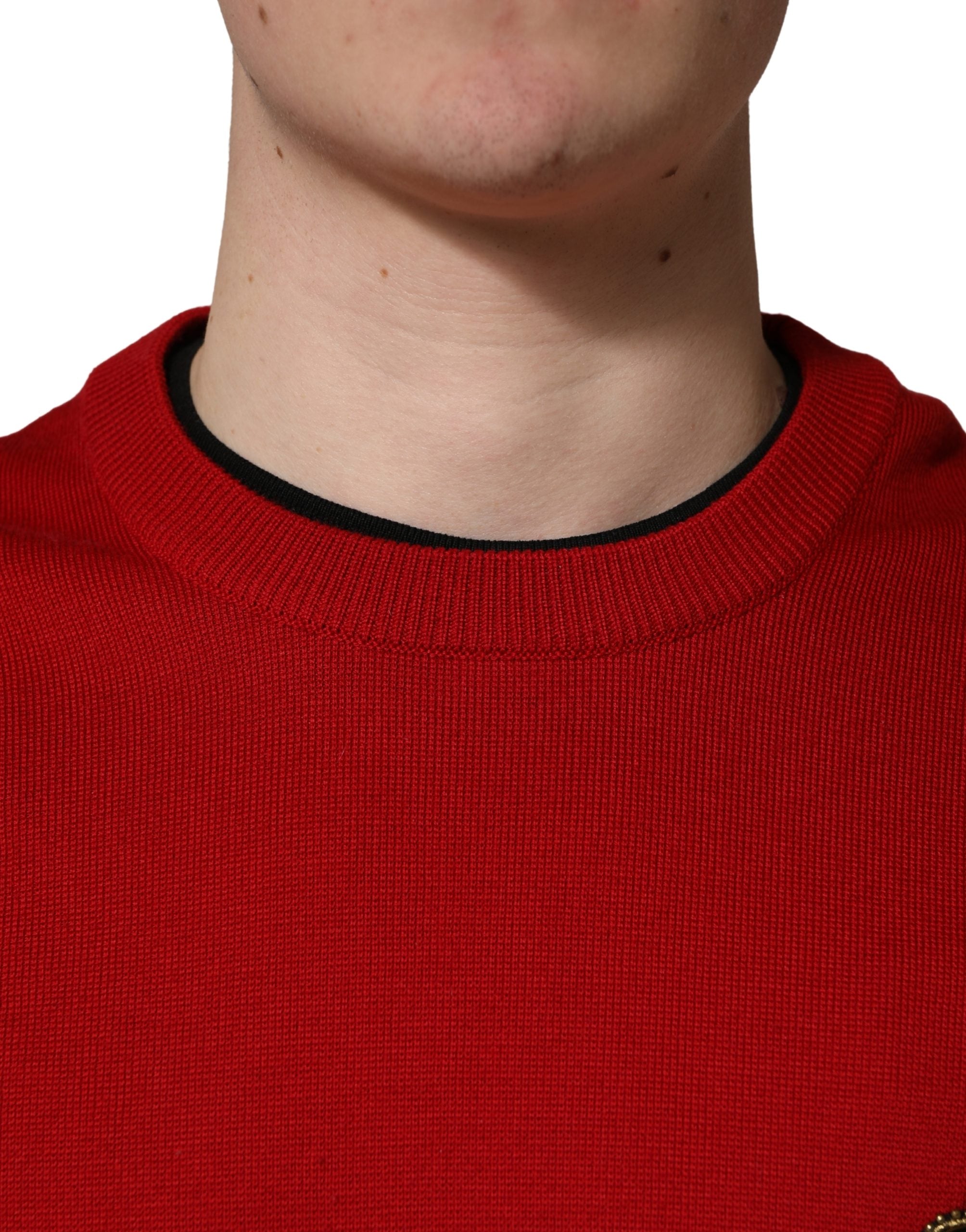 Dolce & Gabbana Red Wool DG Crest Crew Neck Pullover Sweater