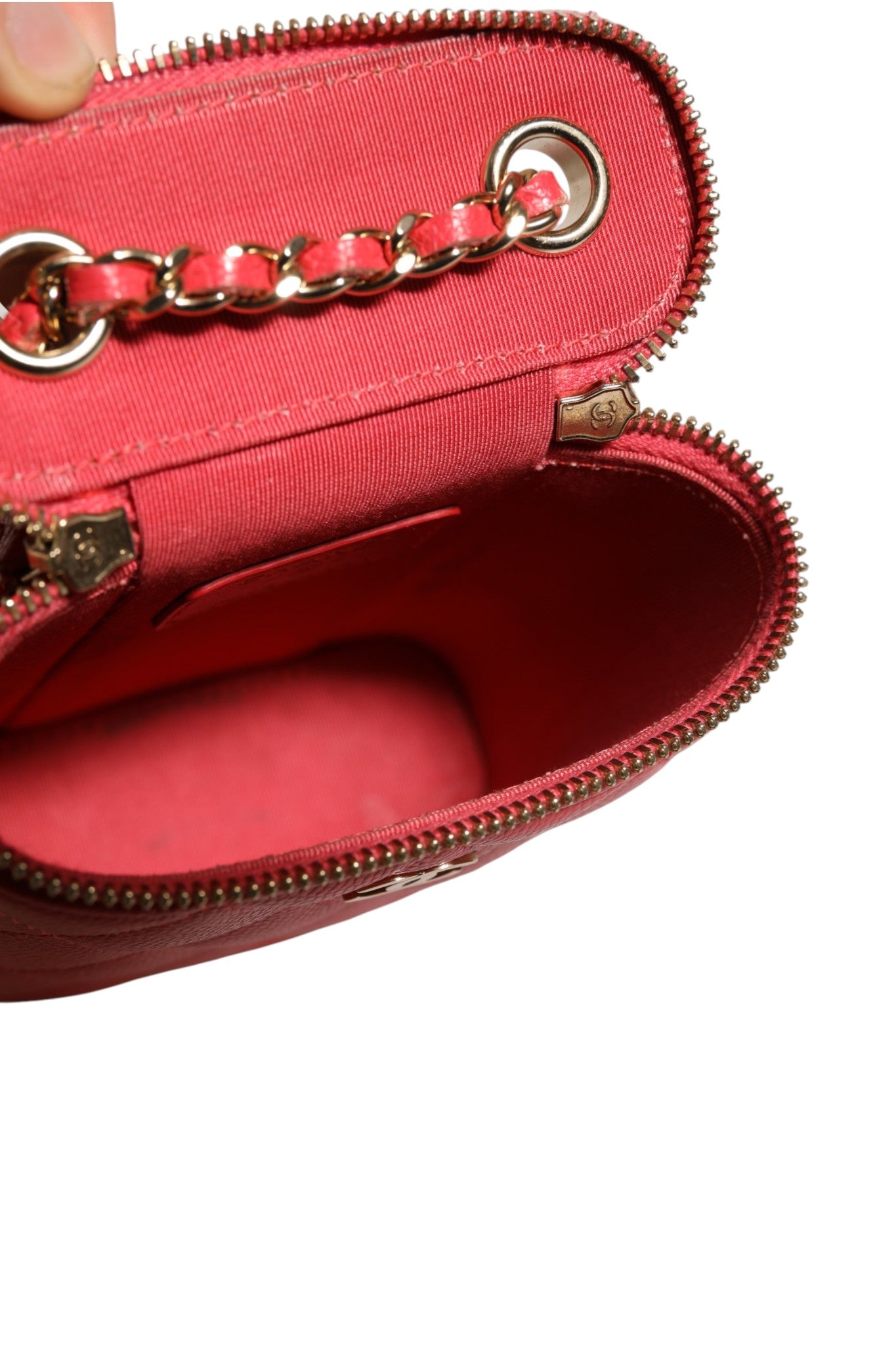 Chanel Red Caviar Quilted Small Vertical Coco Beauty Vanity Case with Chain