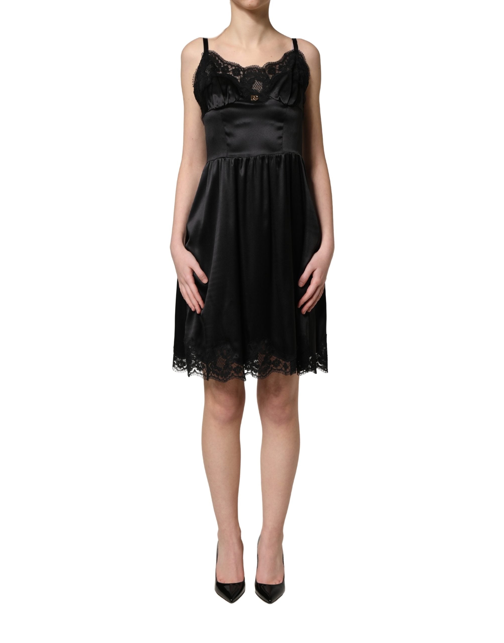 Dolce & Gabbana Black Silk Satin Lace Sleeveless Mini Dress