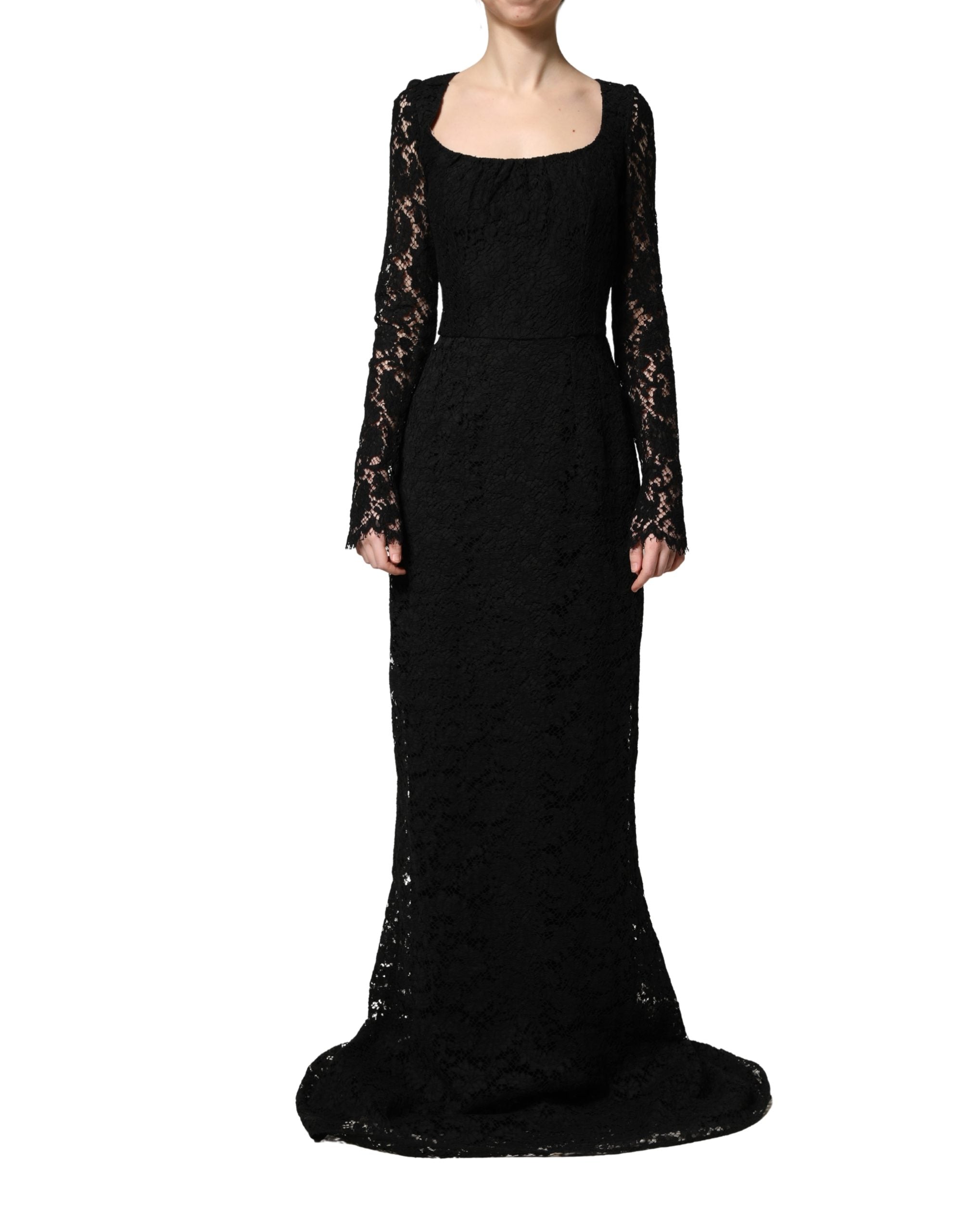 Dolce & Gabbana Black Lace Square Neck LongSleeve Maxi Dress