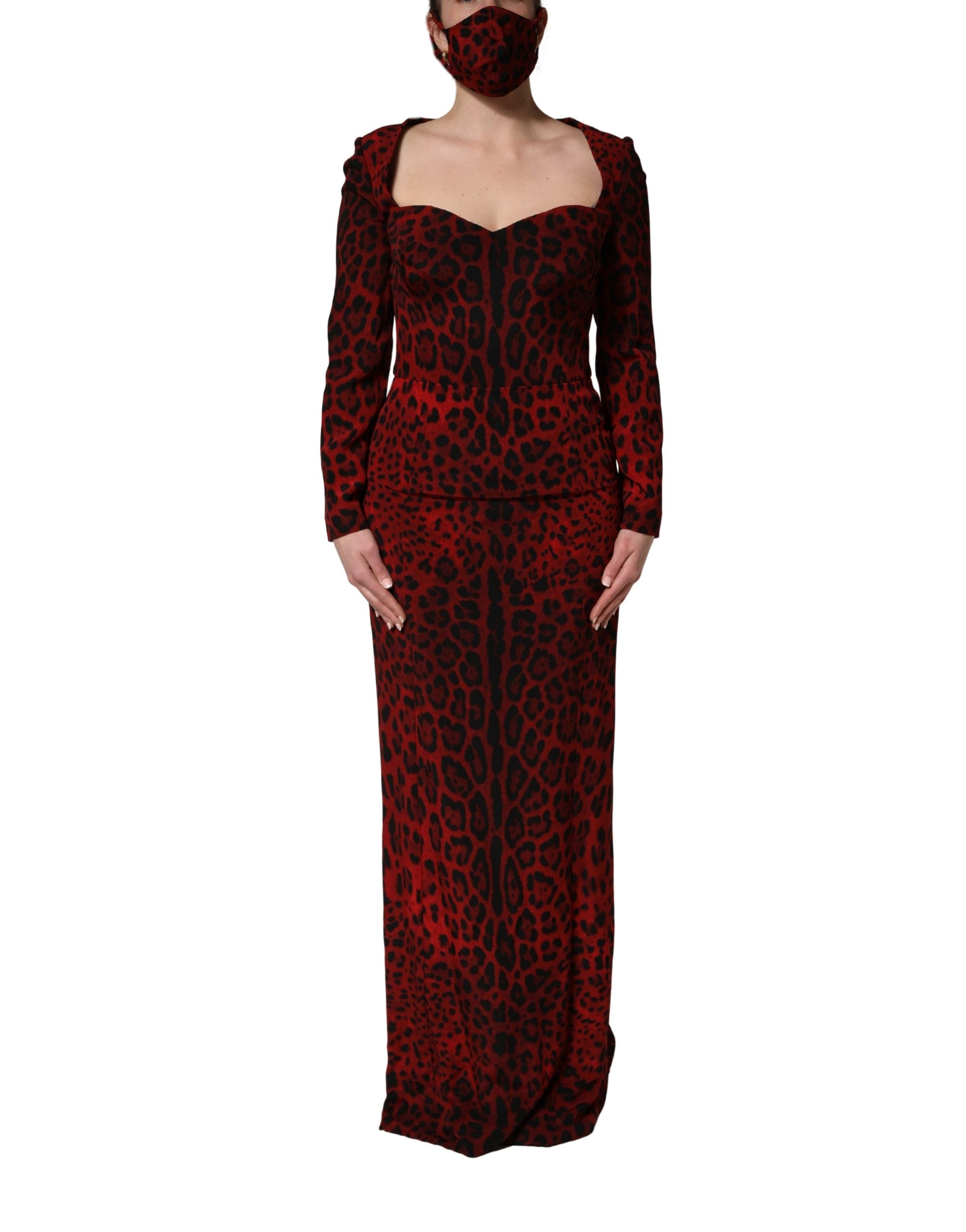 Dolce & Gabbana Red Leopard Print Sheath Long Sleeve Dress