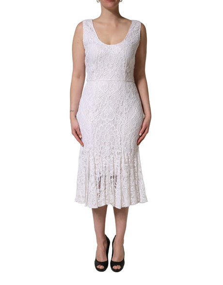 Dolce & Gabbana White Floral Lace Sleeveless Midi Dress
