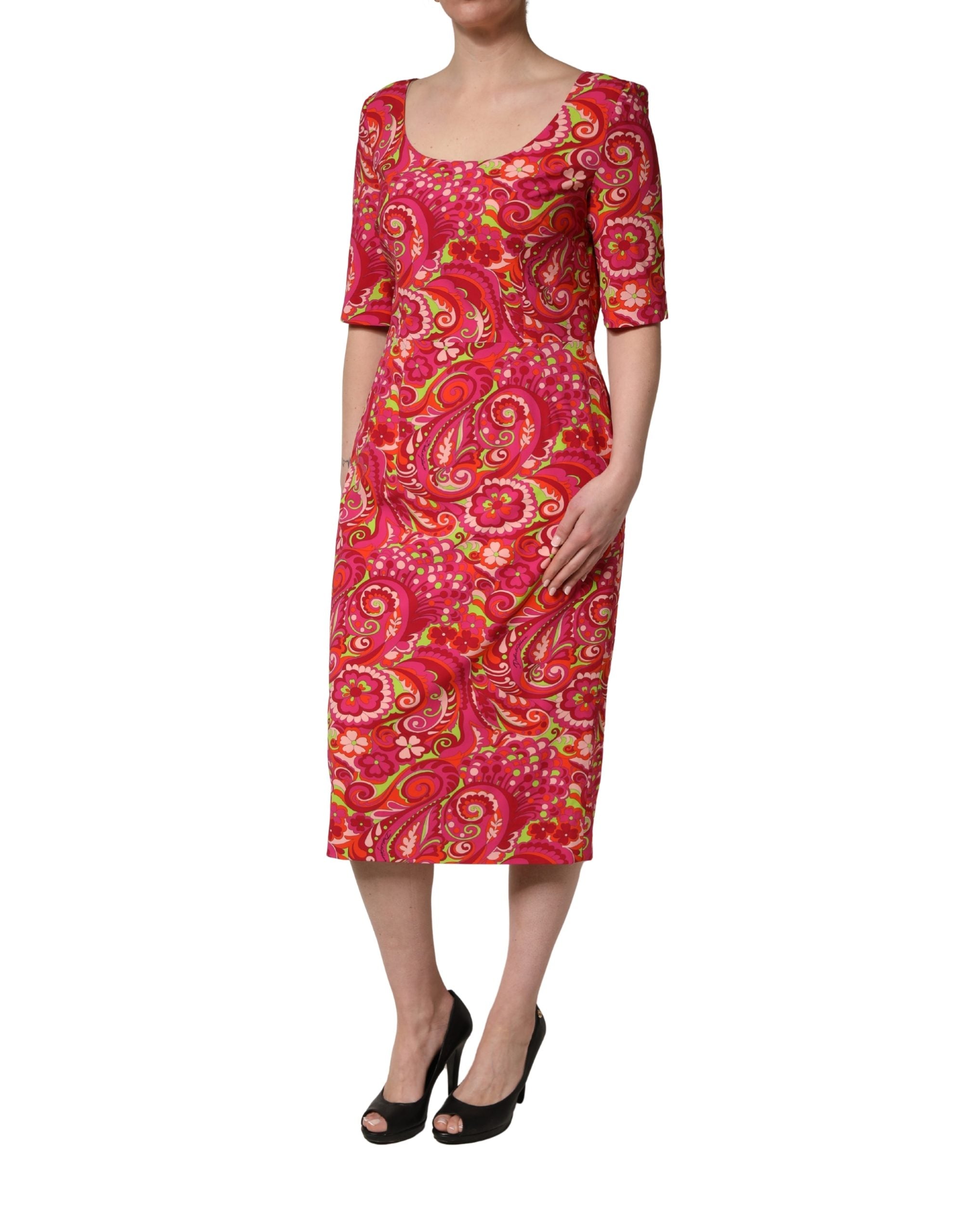 Dolce & Gabbana Red Paisley Floral Print Sheath Midi Dress