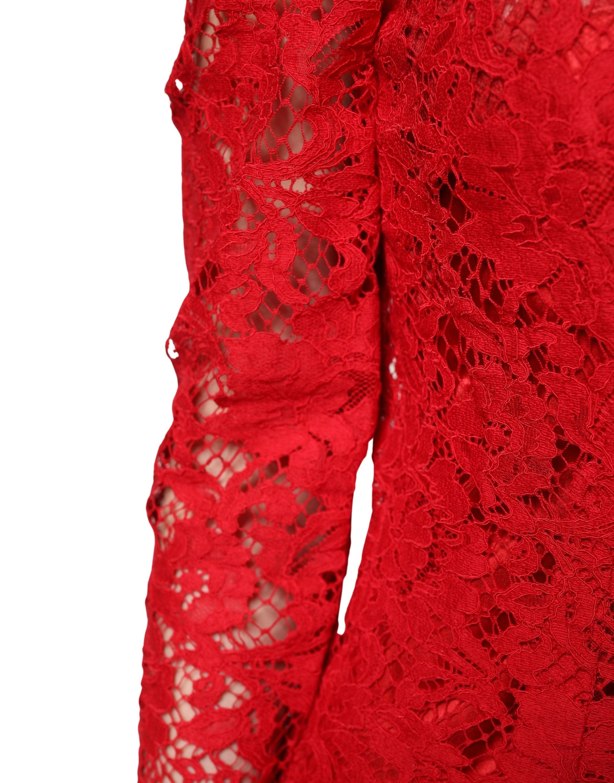 Dolce & Gabbana Red Lace Floral Embroidery Long Sleeves Top