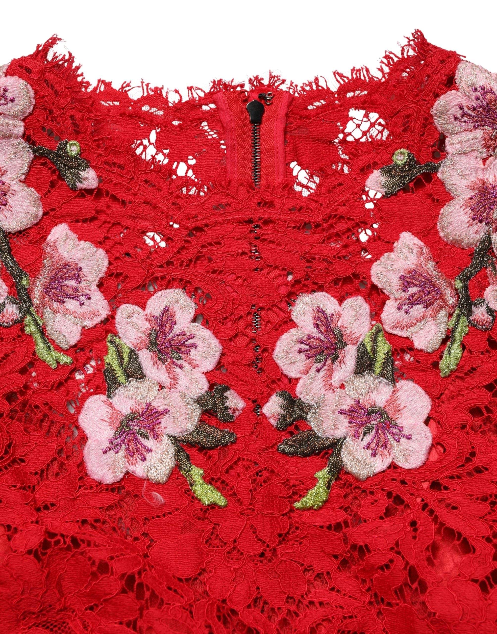 Dolce & Gabbana Red Lace Floral Embroidery Long Sleeves Top