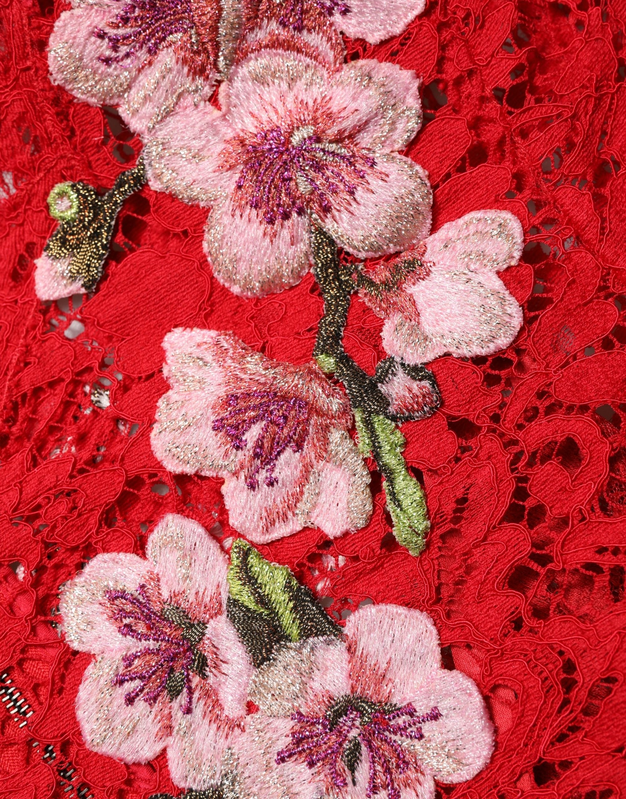 Dolce & Gabbana Red Lace Floral Embroidery Long Sleeves Top