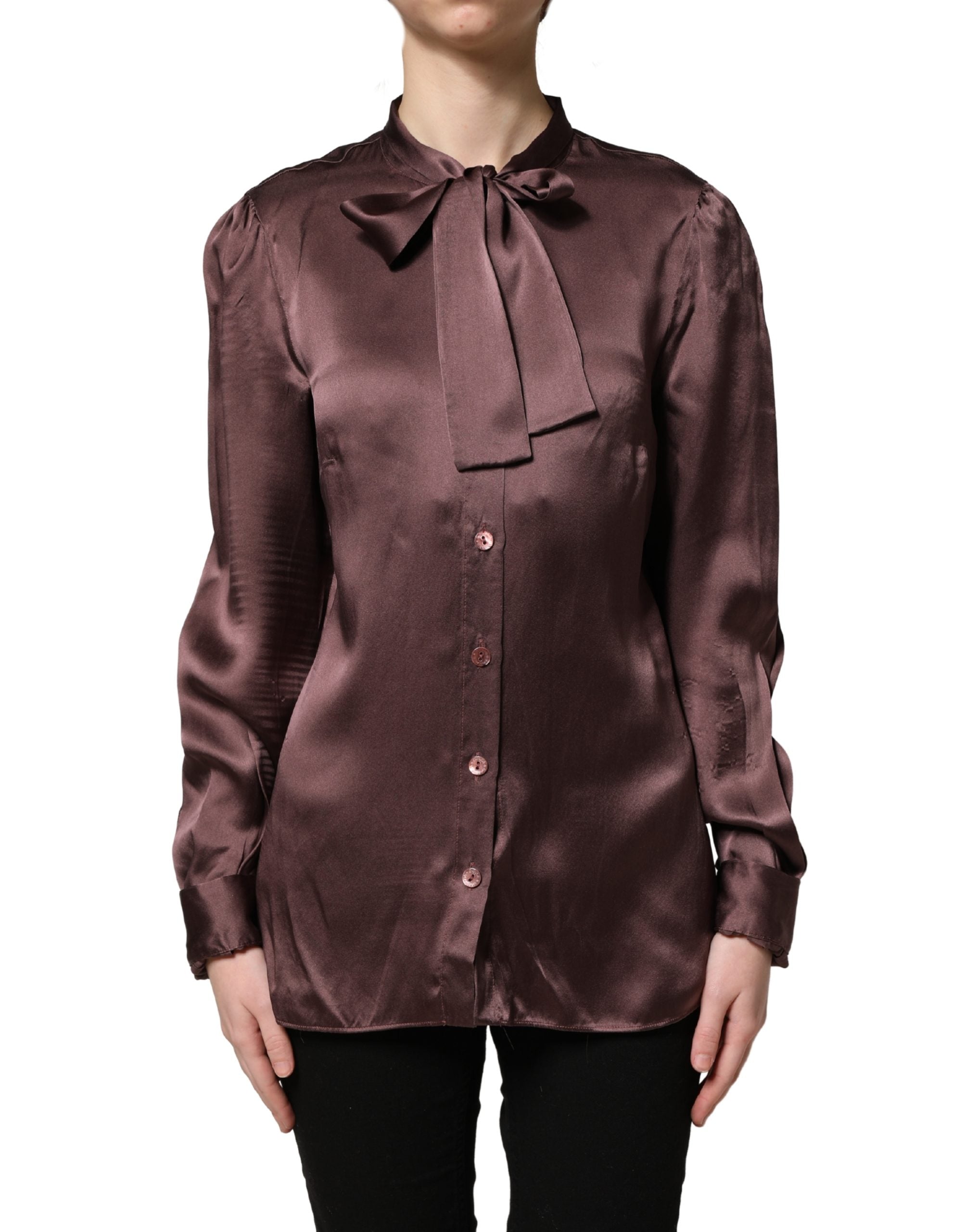 Dolce & Gabbana Violet Satin Long Sleeve Ascot Tie Shirt Top