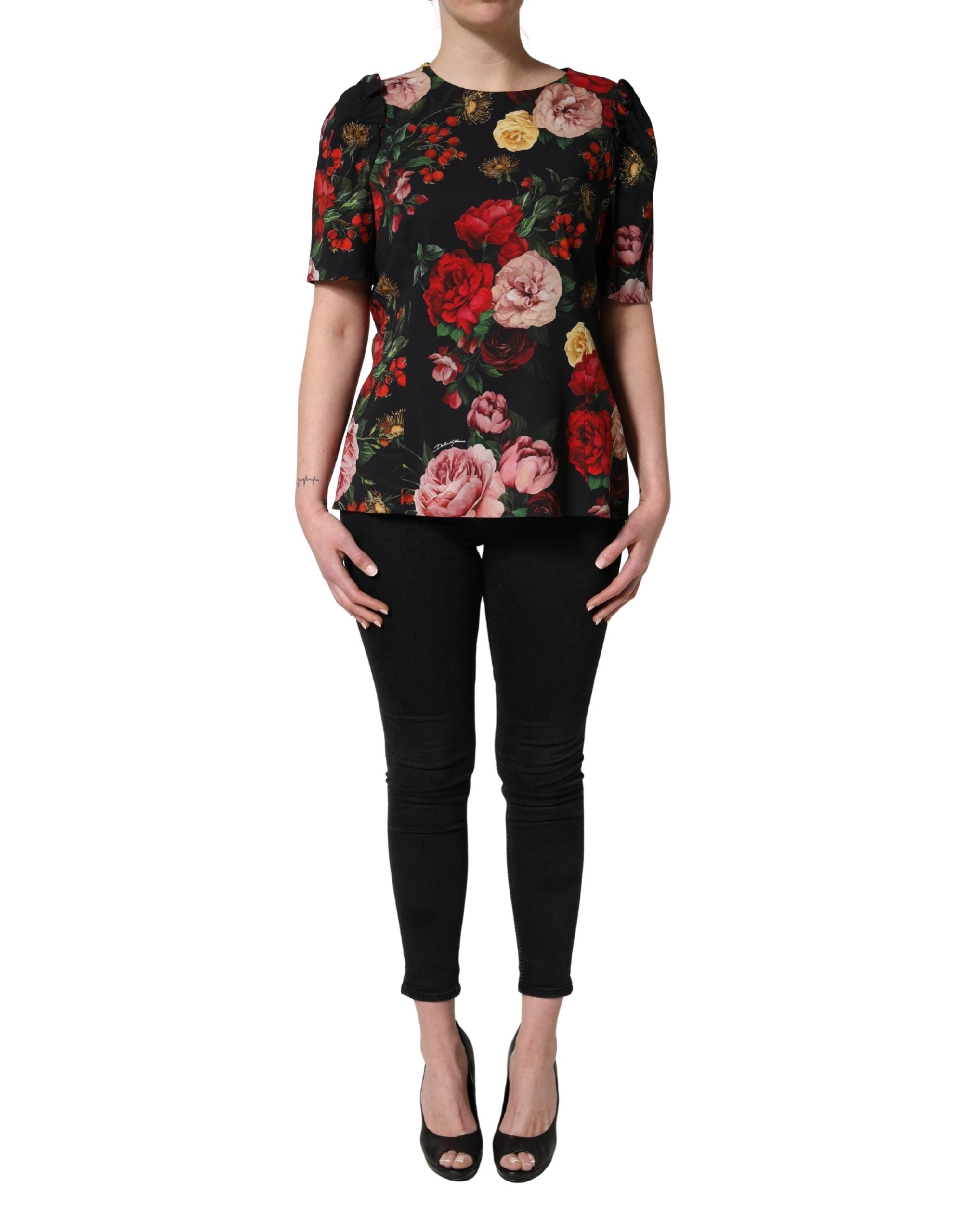 Dolce & Gabbana Black Floral Crepe Frill Detail Blouse Top