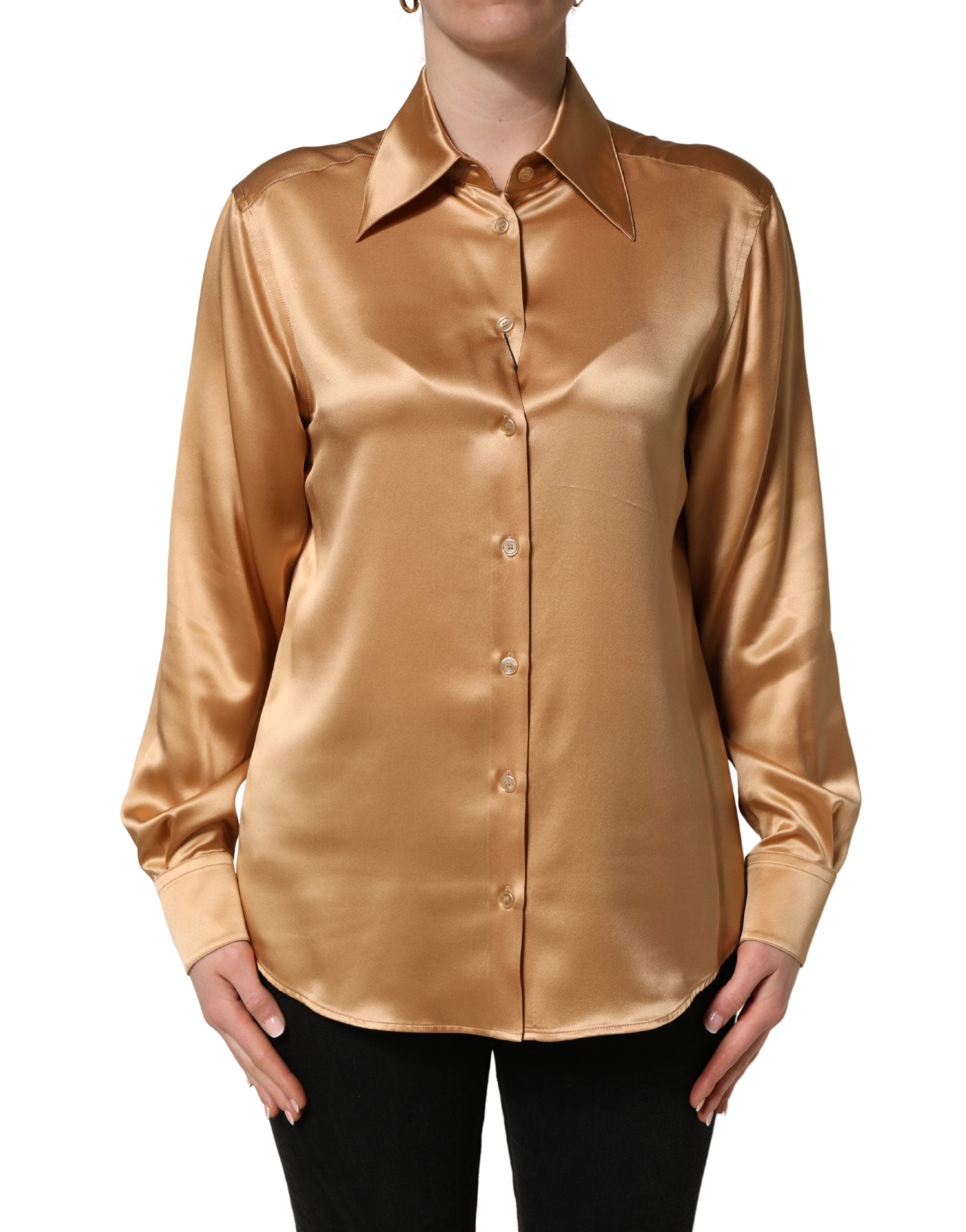 Dolce & Gabbana Gold Tone SatinFinish Silk Collared Shirt Top