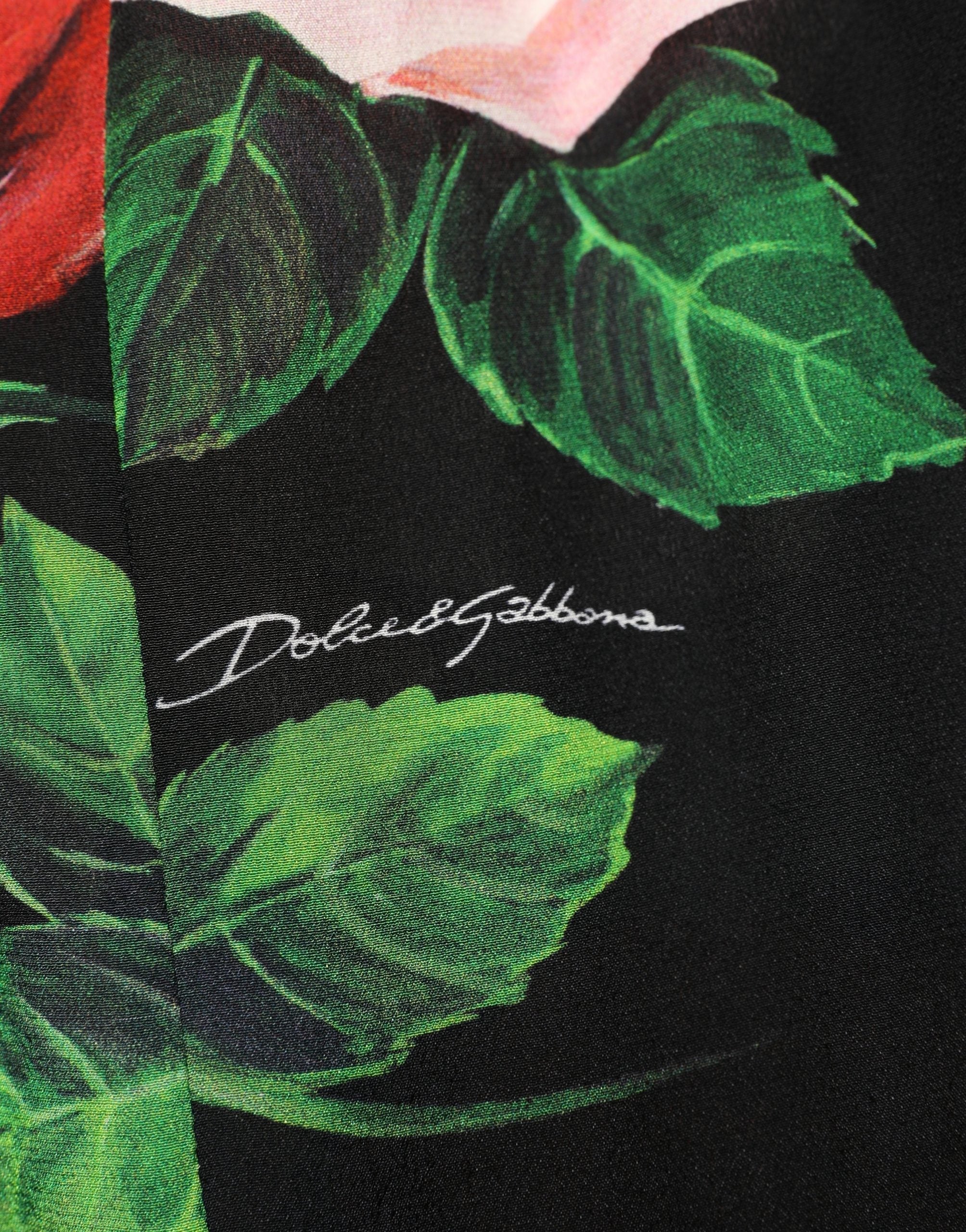 Dolce & Gabbana Black Rose Print Silk Off The Shoulder Blouse Top