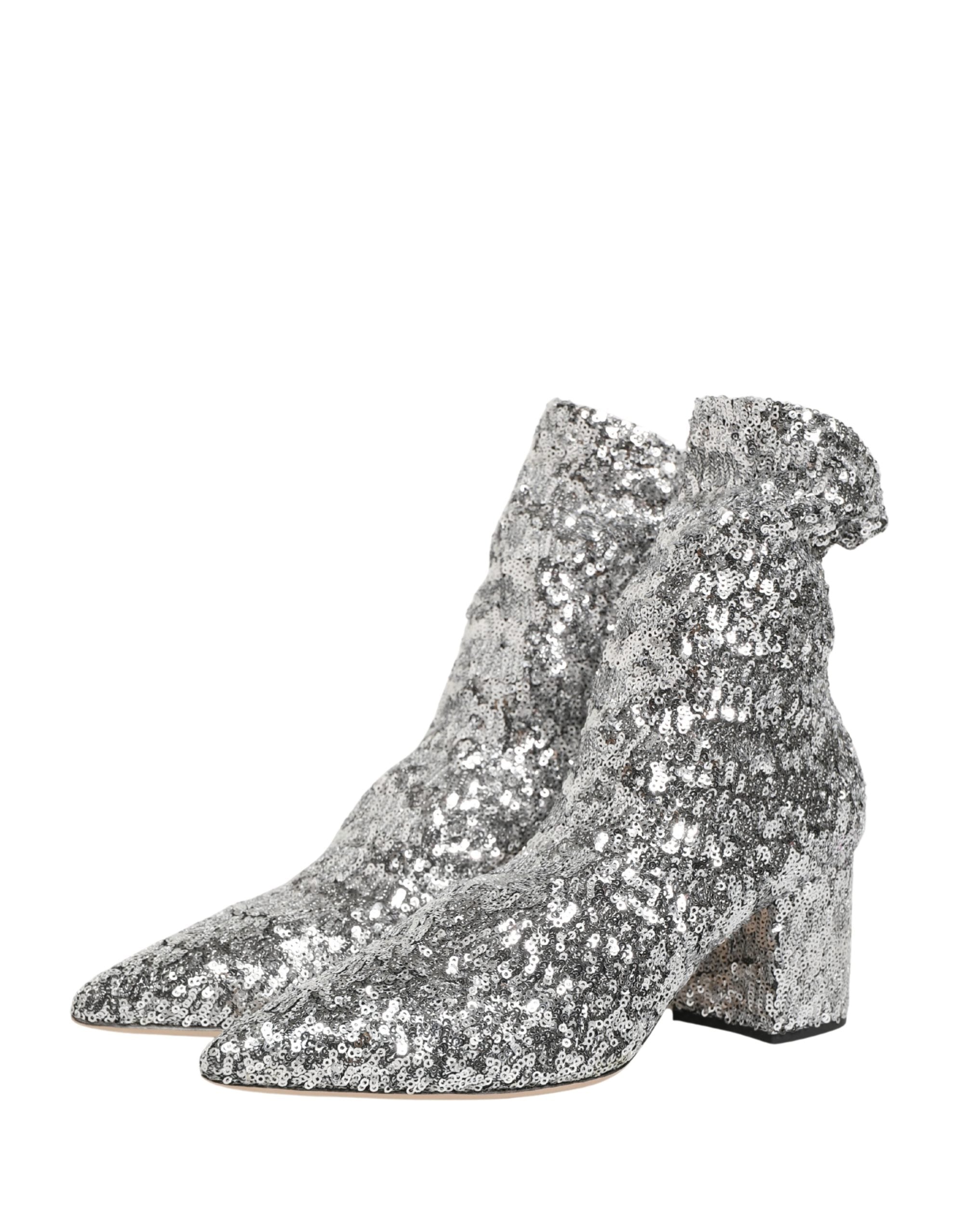 Dolce & Gabbana Silver Sequined Short Boots Stretch Shoes