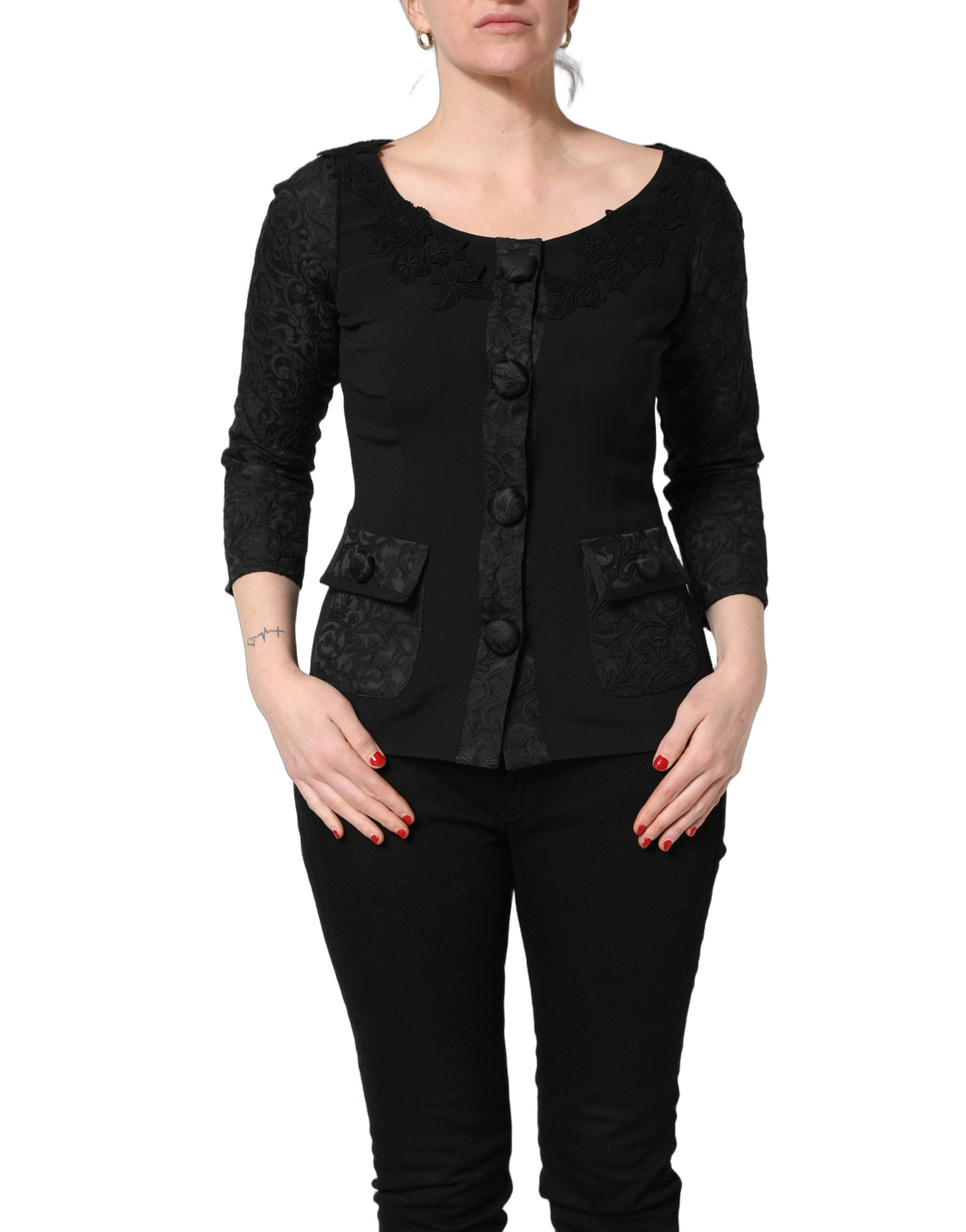 Dolce & Gabbana Dark Gray Button Fastening Lace Trimmed Blazer Jacket