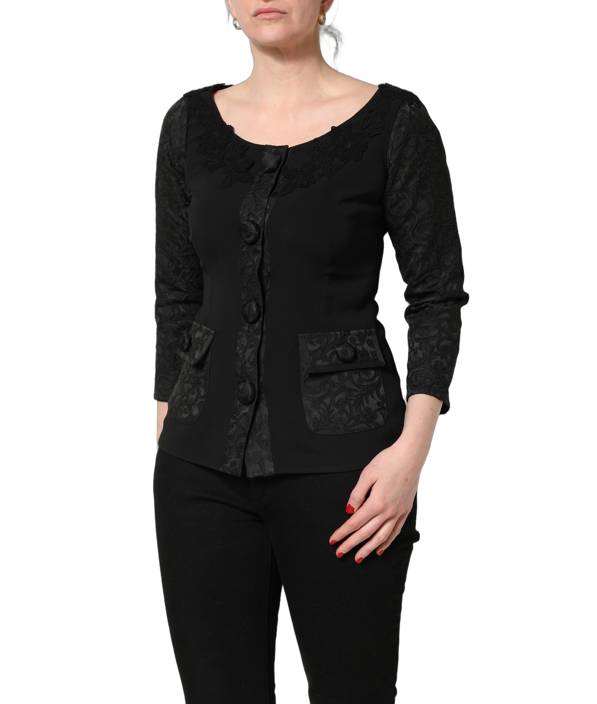 Dolce & Gabbana Dark Gray Button Fastening Lace Trimmed Blazer Jacket