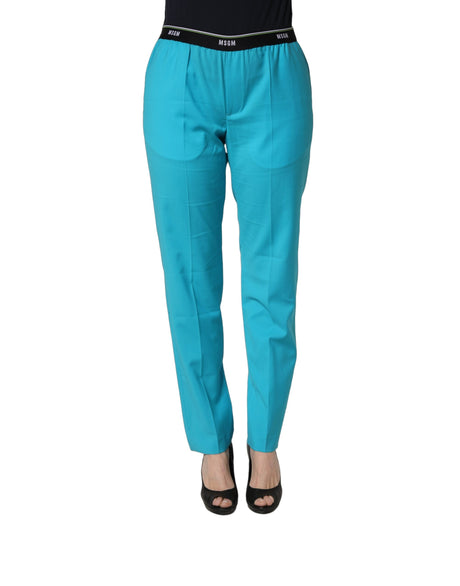 MSGM Blue Wool Mid Waist Tapered Women Trouser Pants