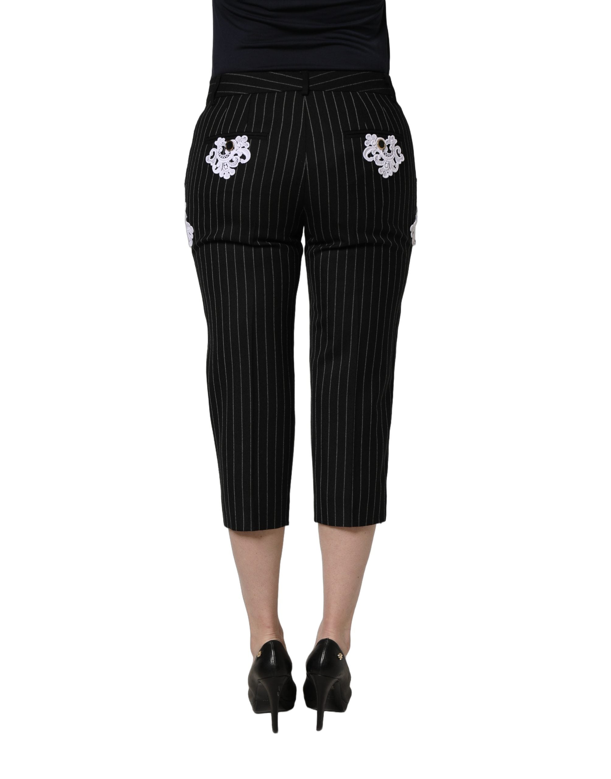 Dolce & Gabbana Black Lace Applique Pinstripe Cropped Pants