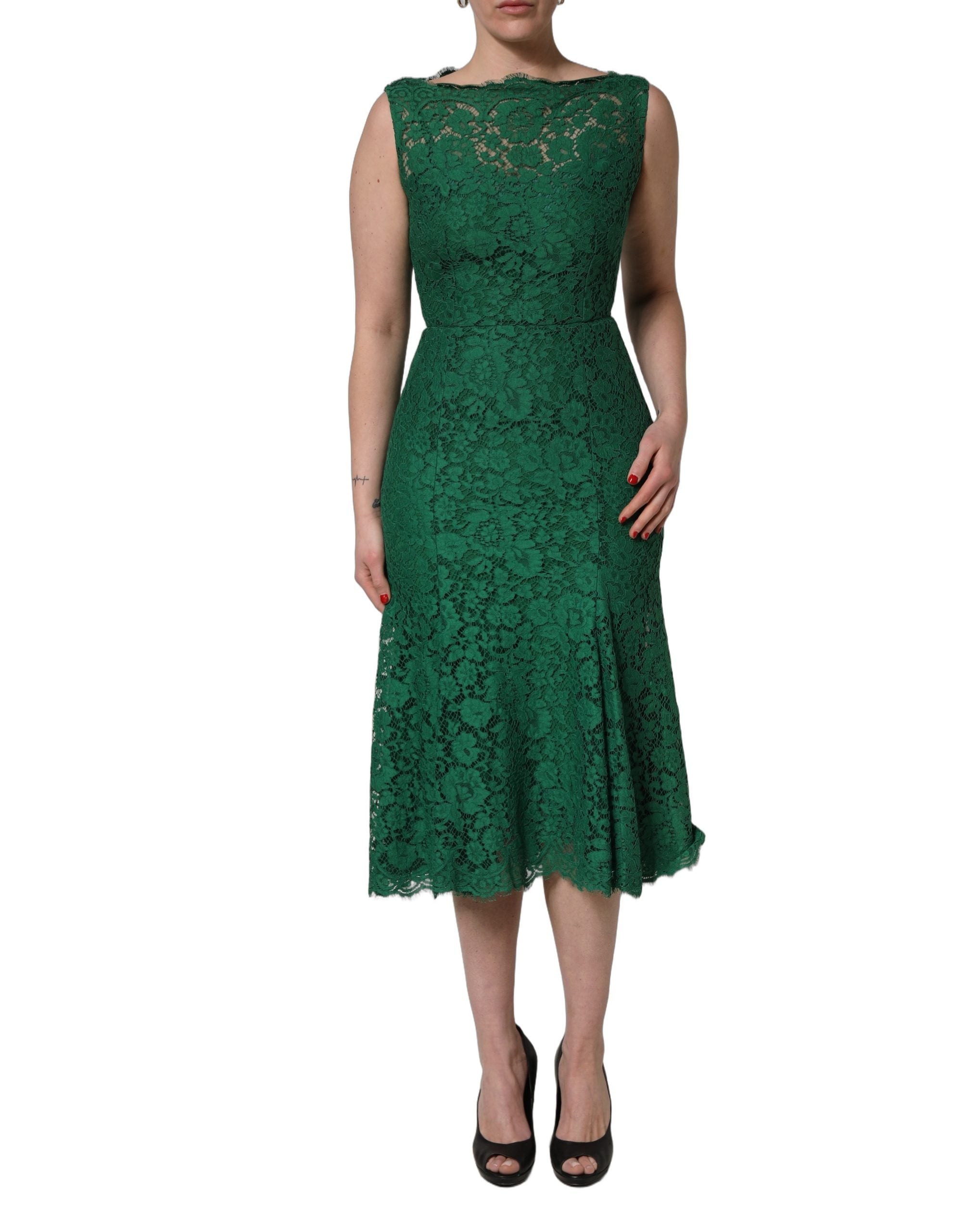Dolce & Gabbana Green Floral Lace Cotton Sleeveless Midi Dress