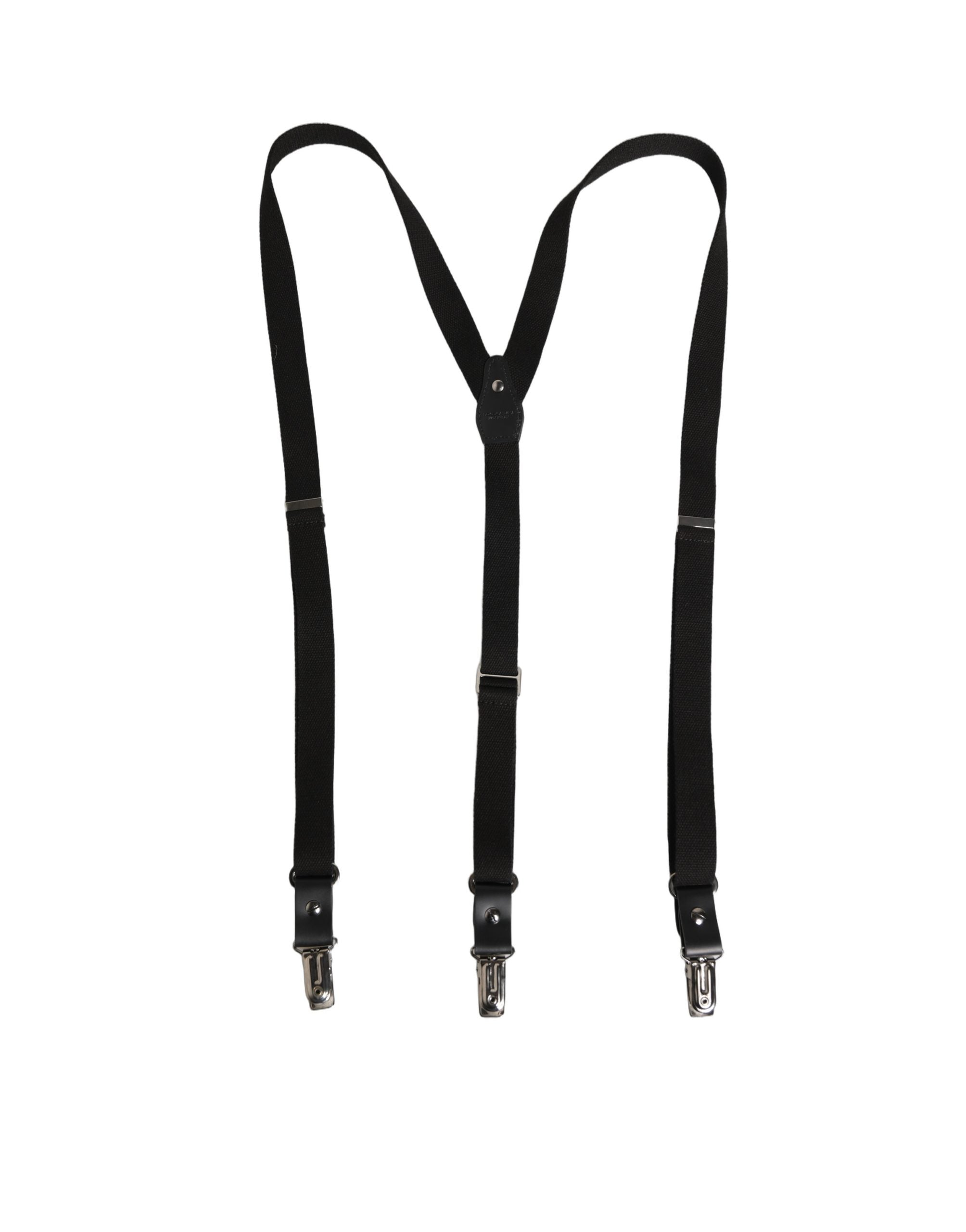 Dolce & Gabbana Black Cotton Leather Elastic Y-back Metal Clips Suspender