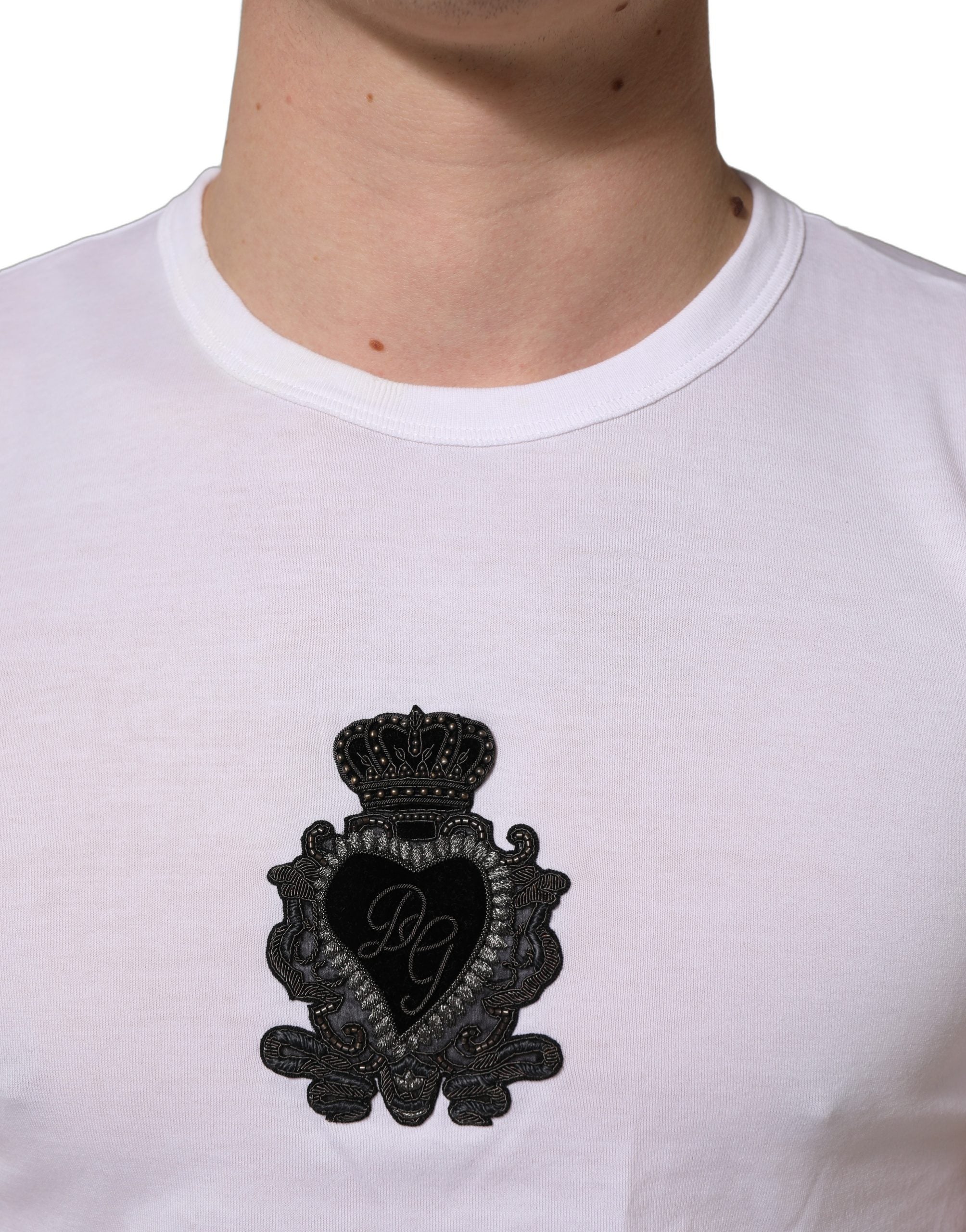 Dolce & Gabbana White Logo Heart Cotton Men Crew Neck T-shirt