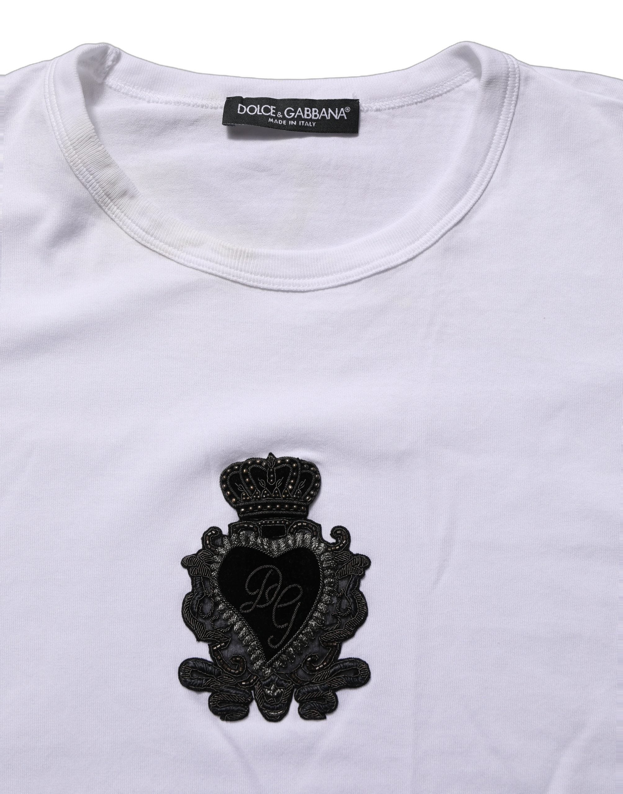 Dolce & Gabbana White Logo Heart Cotton Men Crew Neck T-shirt