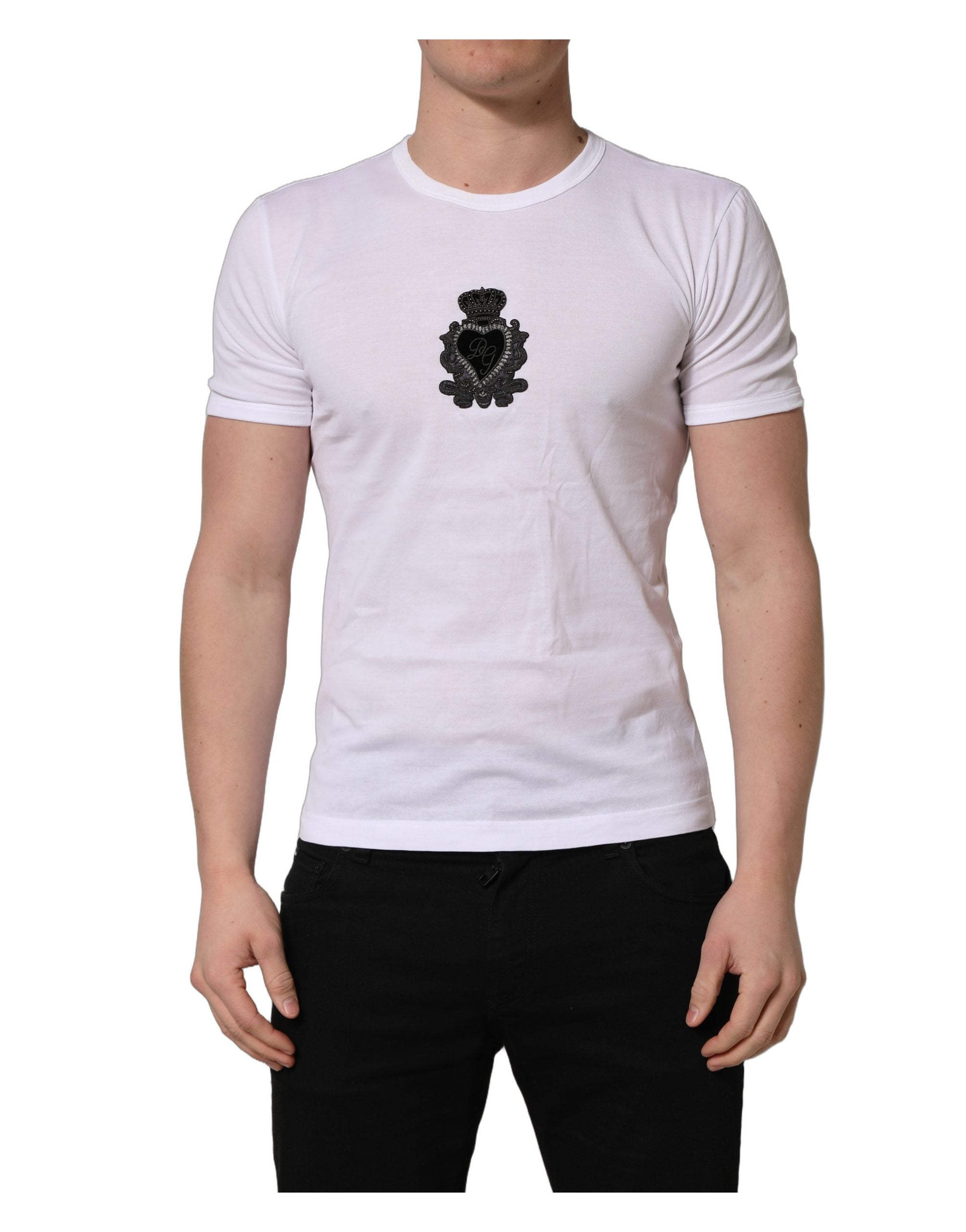 Dolce & Gabbana White Logo Heart Cotton Men Crew Neck T-shirt