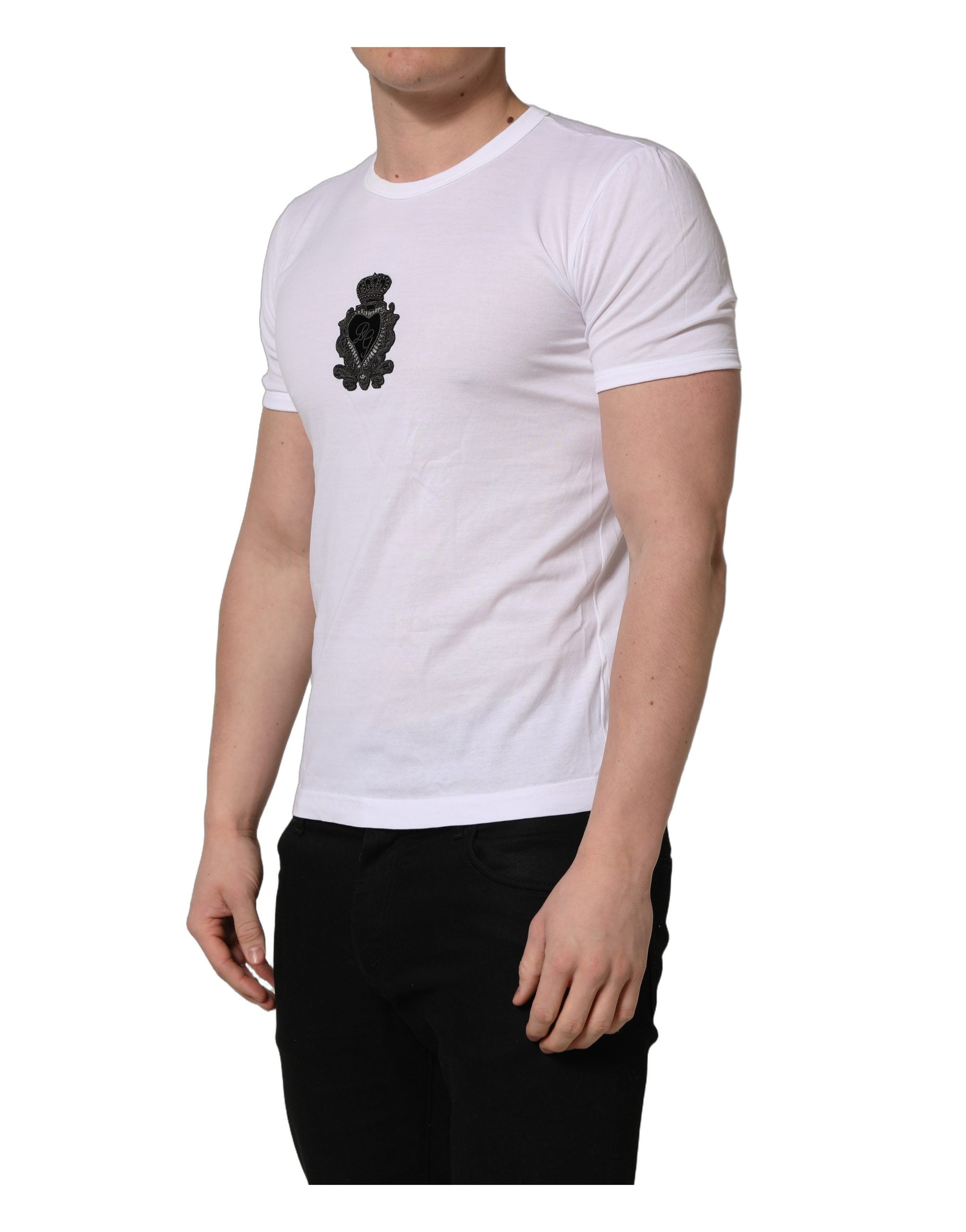 Dolce & Gabbana White Logo Heart Cotton Men Crew Neck T-shirt