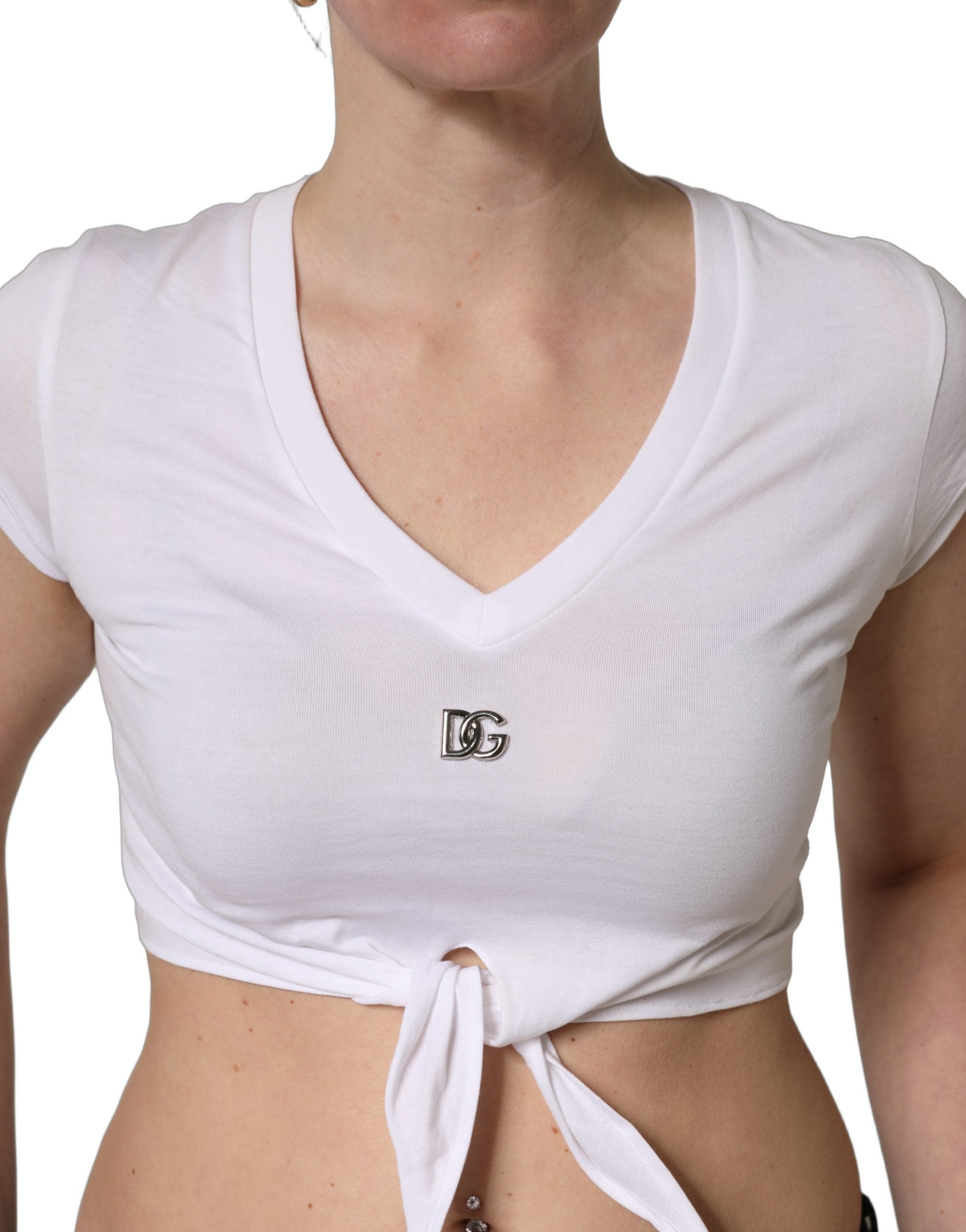 Dolce & Gabbana White Logo Embroidered Tie Waist Cropped Top