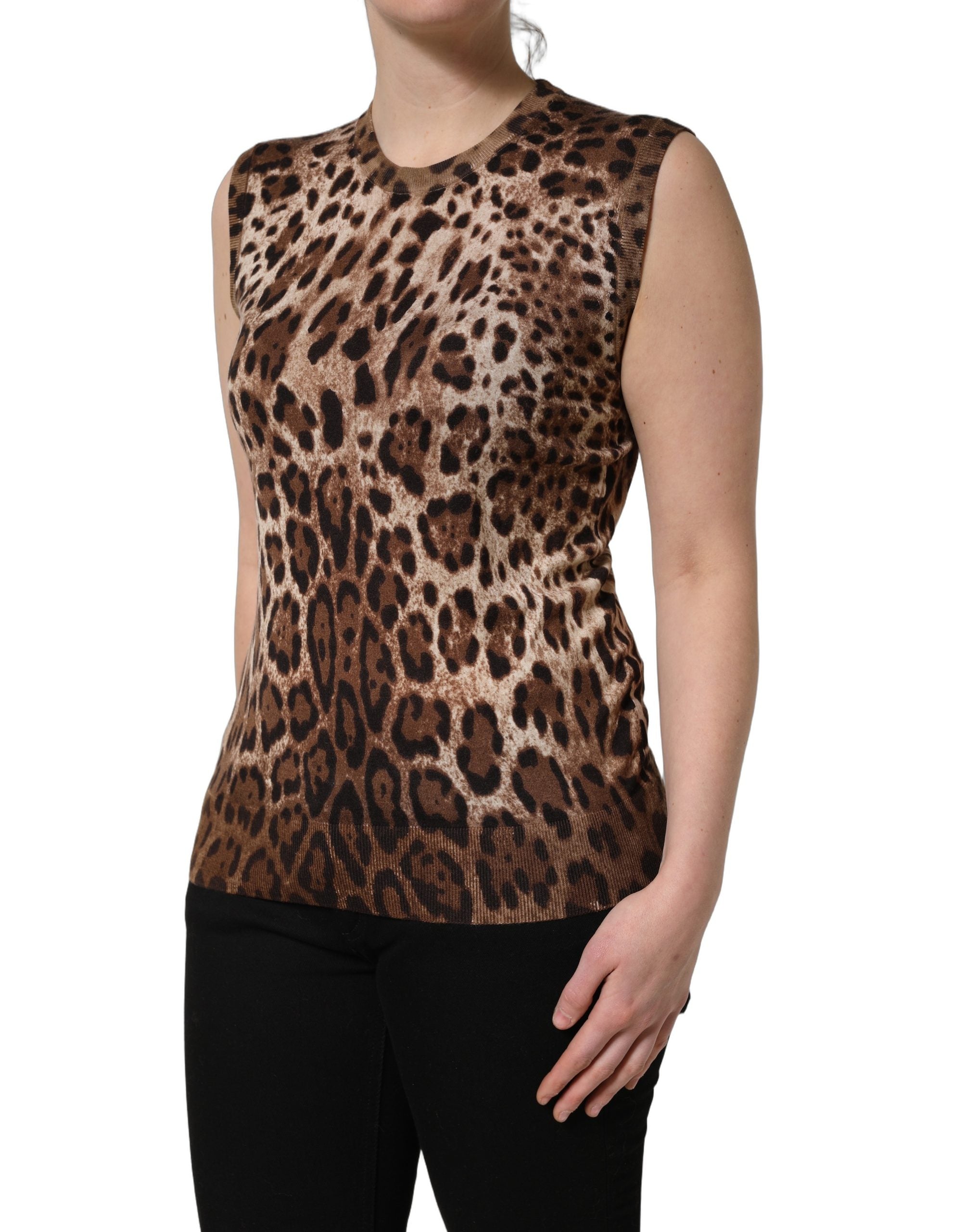 Dolce & Gabbana Brown Leopard Crew Neck Sleeveless Tank Top