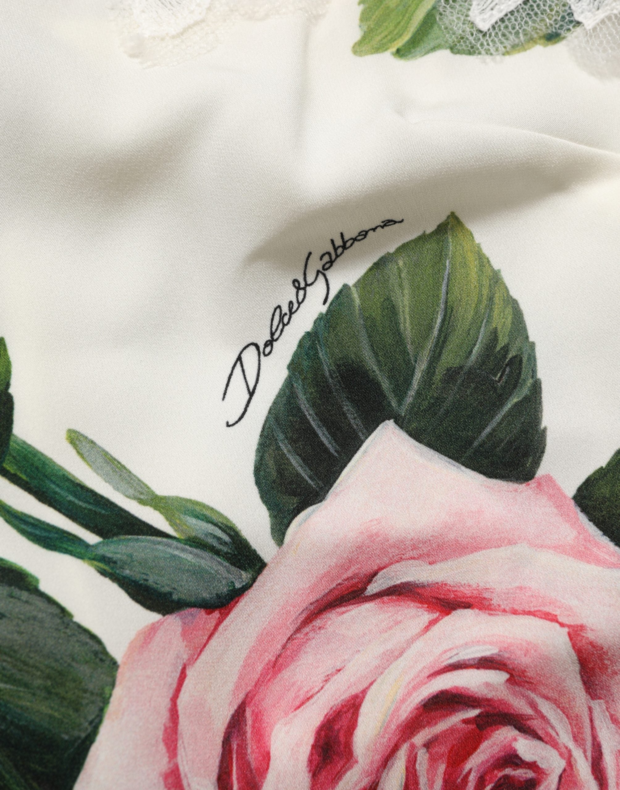 Dolce & Gabbana White Rose Print Lace Silk Camisole Tank Top