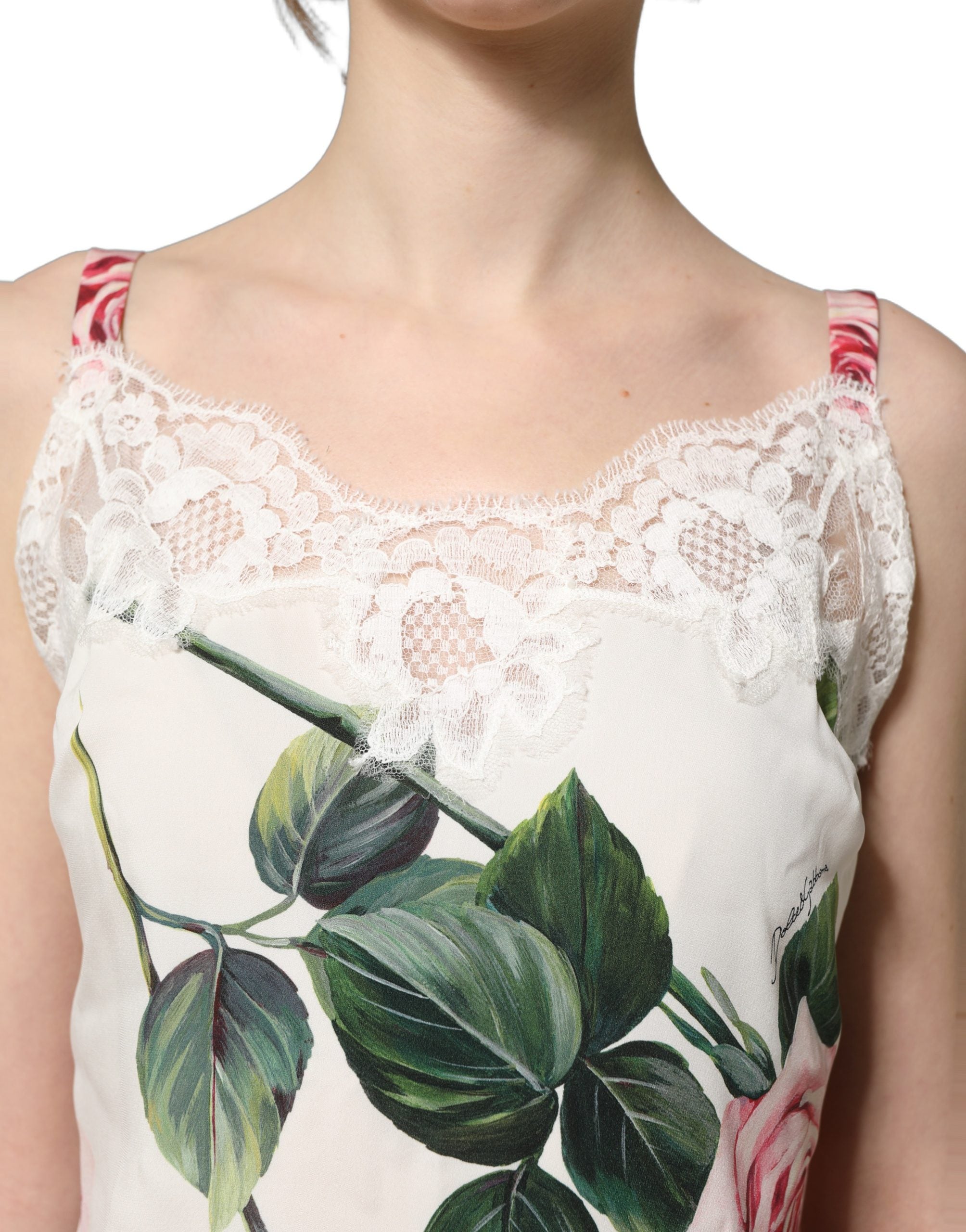 Dolce & Gabbana White Rose Print Lace Silk Camisole Tank Top