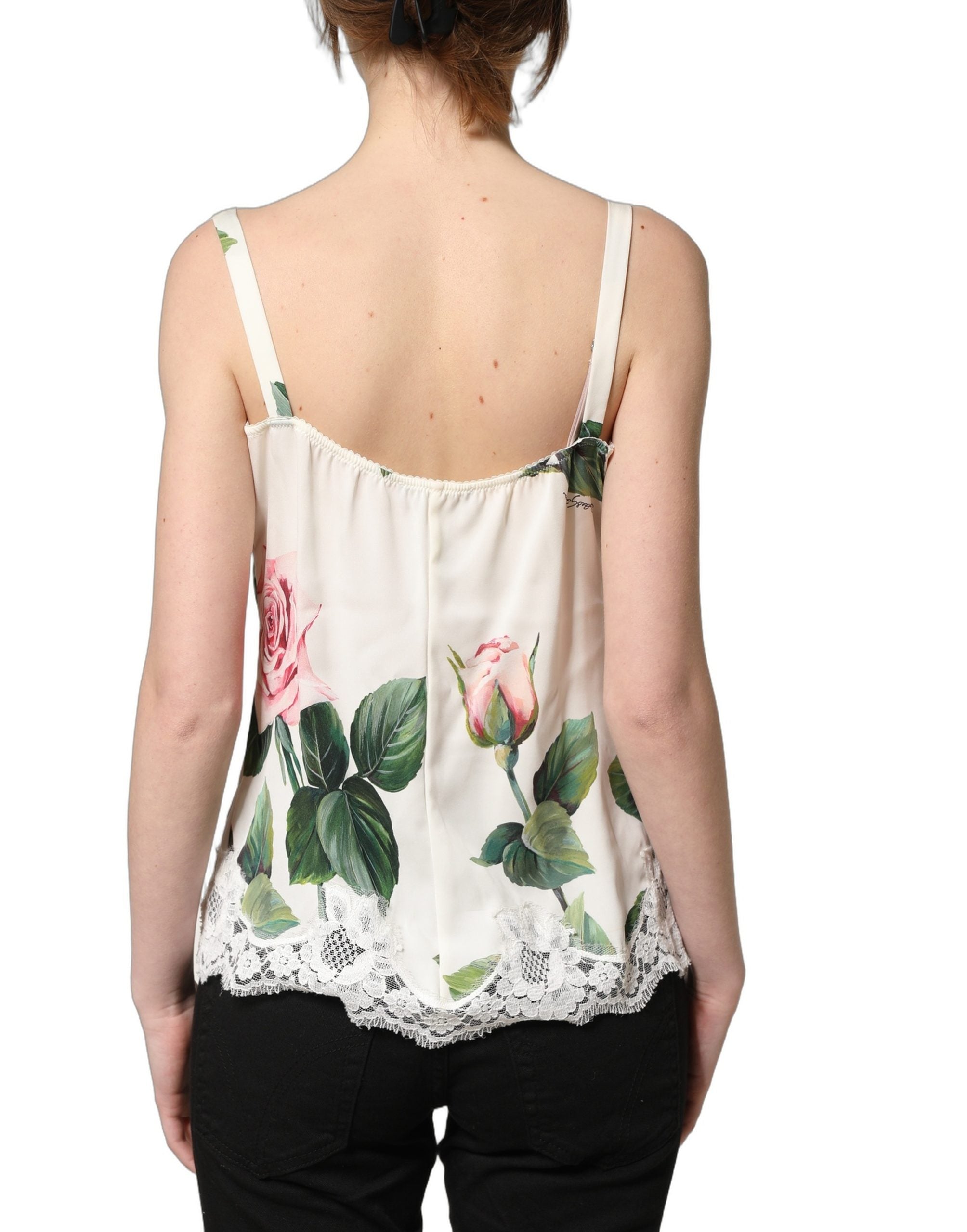 Dolce & Gabbana White Rose Print Lace Silk Camisole Tank Top