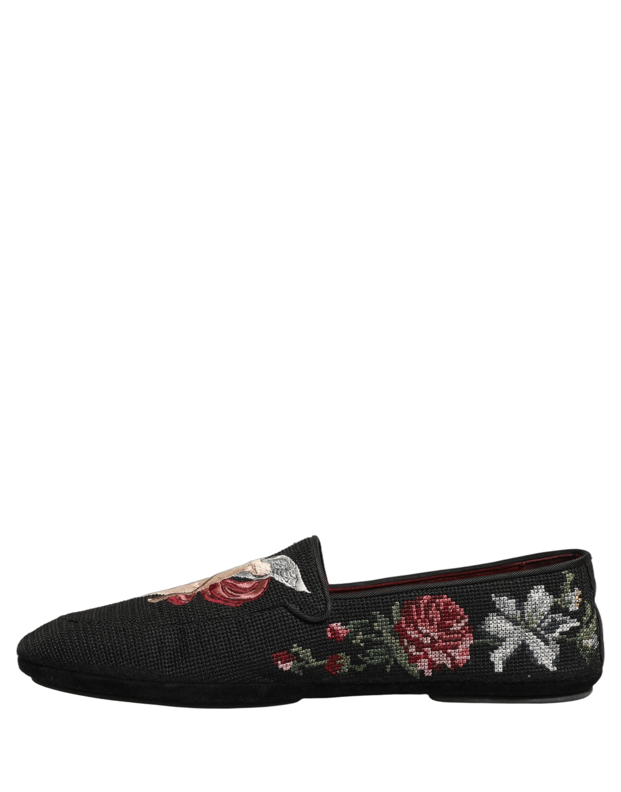 Dolce & Gabbana Black Baroque Angel Crown Rose Loafers Shoes