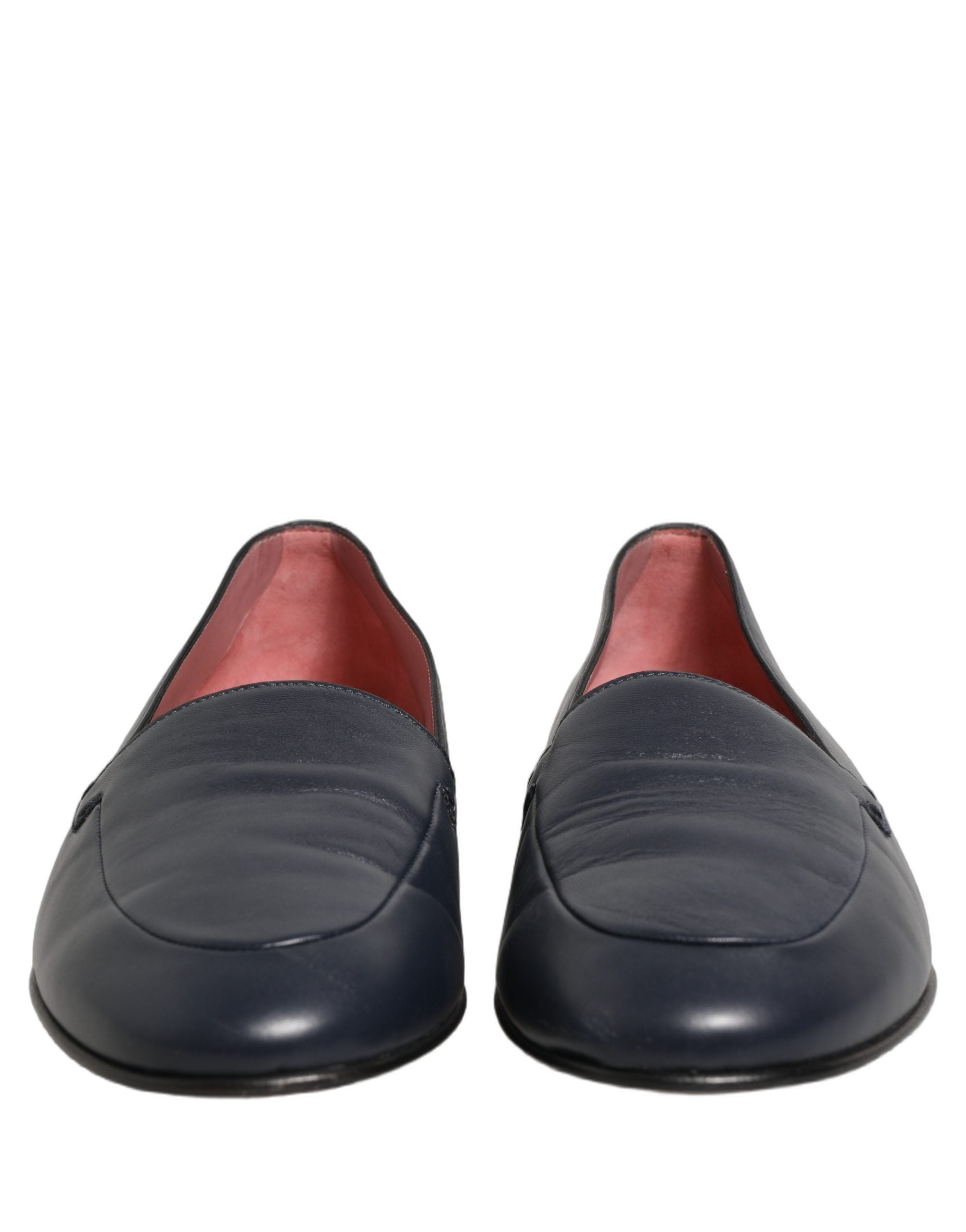 Dolce & Gabbana Navy Blue Leather Logo Slip On Loafers Shoes