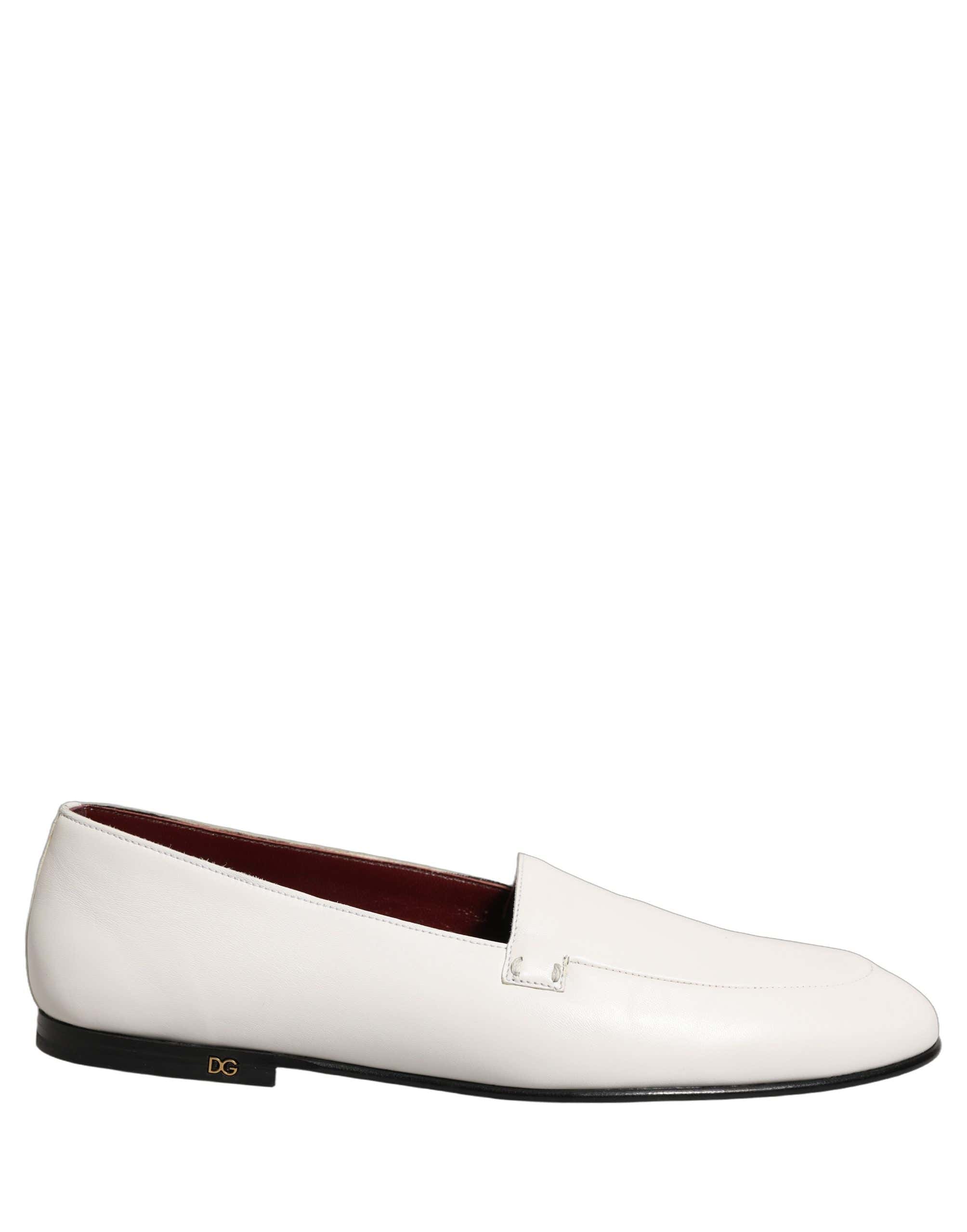 Dolce & Gabbana White Leather Logo Slip On Men Loafers Shoes