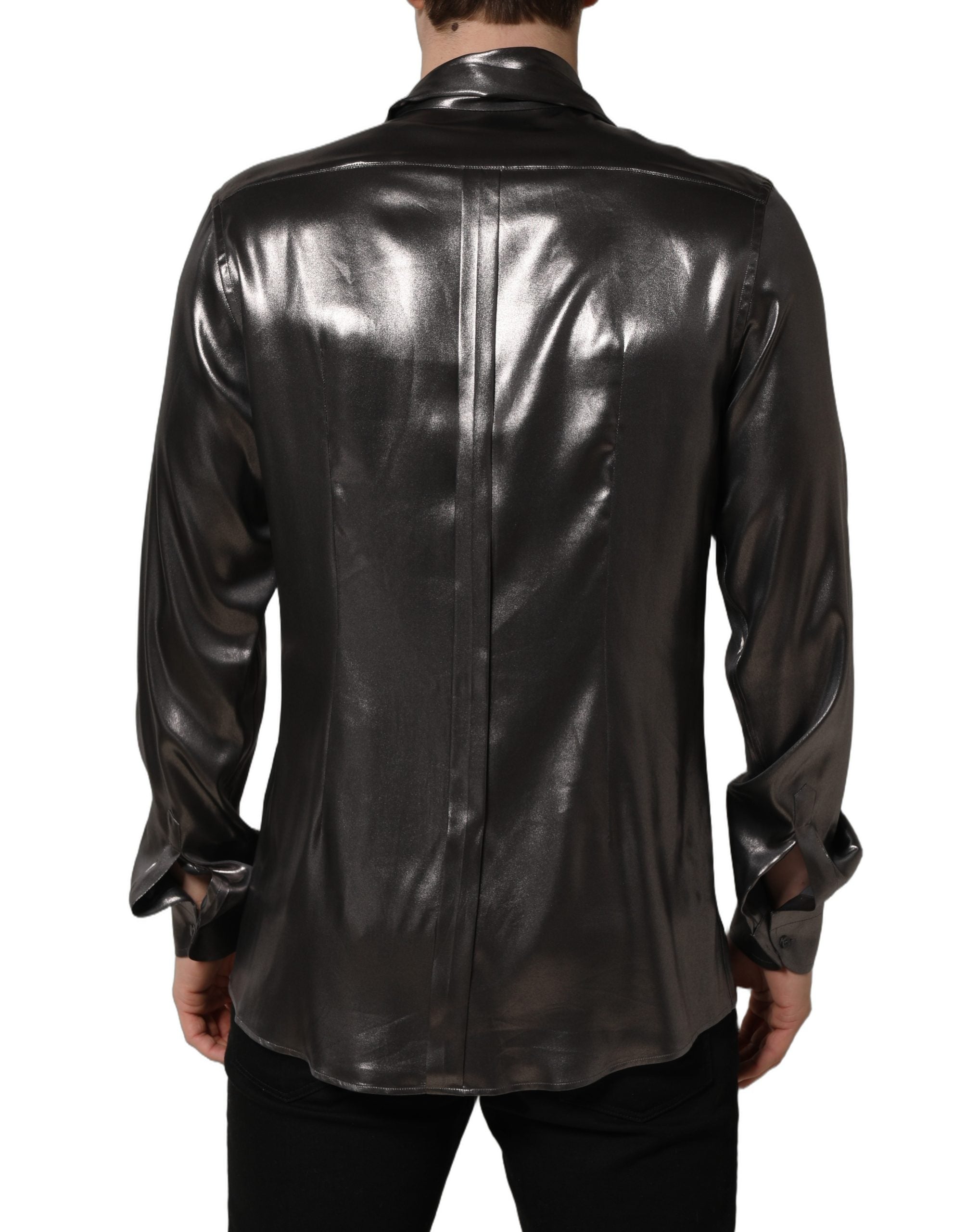 Dolce & Gabbana Silver Satin Silk Long Sleeves Men Dress Shirt