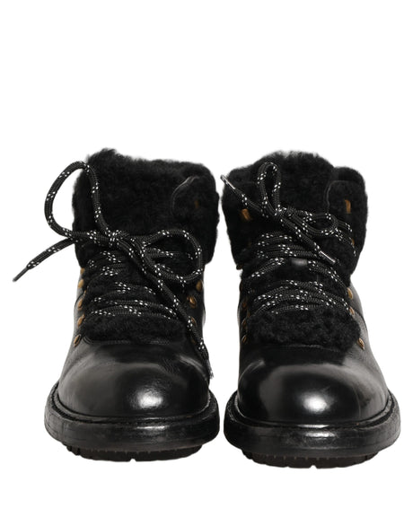 Dolce & Gabbana Black Trekking Fur Lace Leather Boots Shoes