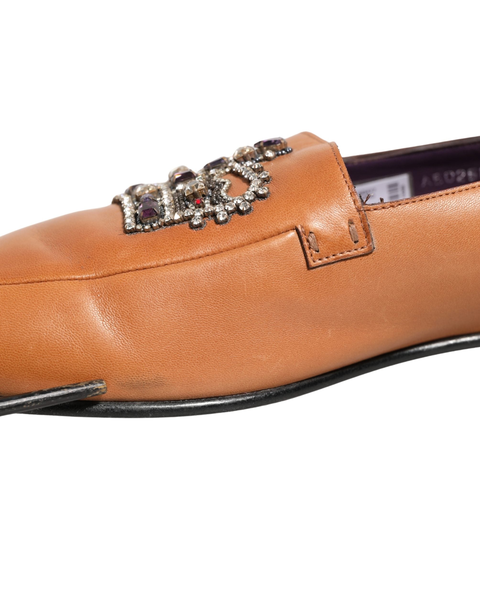 Dolce & Gabbana Brown Leather Crown Embellished Loafers Shoes