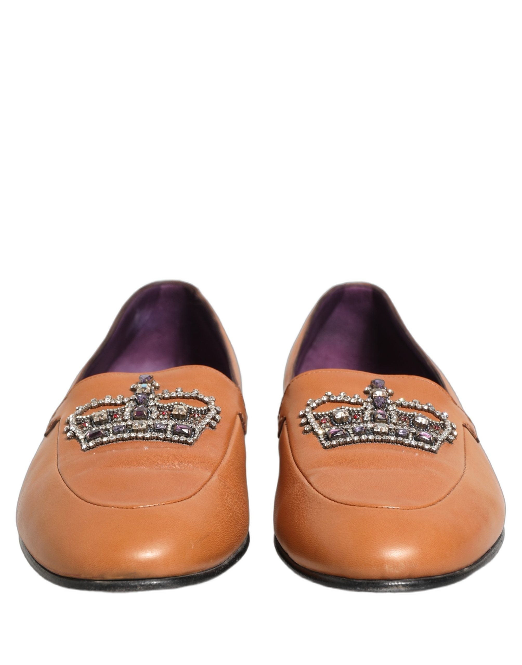 Dolce & Gabbana Brown Leather Crown Embellished Loafers Shoes